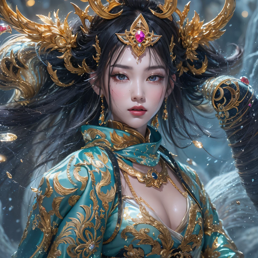 Fly the Nine-Tailed Light Blue Sky Division Flame Hairy Bear Star,Erotic,Torch Night Black Gold Orange Brocade Silk Snake Print Silk Pants,Rouge diamond tulle sheer lizard-patterned leggings,Fat Girl Space Flying in the Snow 1:900 miniatures,Front view,Pure transparency,Wear boxing gloves,Wear thick-rimmed reflective sunglasses with gold threads,Panorama ultra-wide angle,extremely happy,The texture of the real person is delicate,Strong visual impact,Hyper-detailing,Dream girl,Refined face,prettyeyes,Hair strands float in the air, Cherry model,Ouyang Xiaotong,crystal-clear,Good sense of perspective,Light and shadow effects,16K smooth,Surface reflected light,Flowing black hair,Water Goddess 32K,复杂,ellegance,highly detailed,A majestic,Digital photography,Autumn cowboy shot,surrealism painting,Broken rubies,Beating magic,Entwined water magic,(tmasterpiece,Cinematic light,Fine beautiful eyes:1.2),hdr,Void 5 Energy Storm,(China 1 girl,Black eyes:1.5),Rouge skin,Glowing skin,(sitting on the stone:1.5),delicated face,Black color hair,Put on palatial gold armor,cropped shoulders,,short skirt,Beautiful golden armor,Rained,big breasts beautiful,looking at viewert,Face away from the camera,tmasterpiece,Lateral face,Side portrait close-up