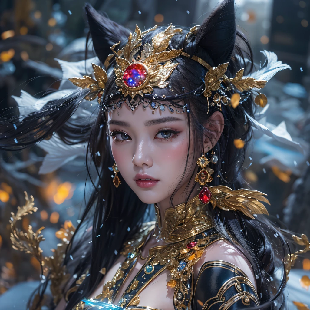 Fly the Nine-Tailed Light Blue Sky Division Flame Hairy Bear Star,Erotic,Torch Night Black Gold Orange Brocade Silk Snake Print Silk Pants,Rouge diamond tulle sheer lizard-patterned leggings,Fat Girl Space Flying in the Snow 1:900 miniatures,Front view,Pure transparency,Wear boxing gloves,Wear thick-rimmed reflective sunglasses with gold threads,Panorama ultra-wide angle,extremely happy,The texture of the real person is delicate,Strong visual impact,Hyper-detailing,Dream girl,Refined face,prettyeyes,Hair strands float in the air, Cherry model,Ouyang Xiaotong,crystal-clear,Good sense of perspective,Light and shadow effects,16K smooth,Surface reflected light,Flowing black hair,Water Goddess 32K,复杂,ellegance,highly detailed,A majestic,Digital photography,Autumn cowboy shot,surrealism painting,Broken rubies,Beating magic,Entwined water magic,(tmasterpiece,Cinematic light,Fine beautiful eyes:1.2),hdr,Void 5 Energy Storm,(China 1 girl,Black eyes:1.5),Rouge skin,Glowing skin,(sitting on the stone:1.5),delicated face,Black color hair,Put on palatial gold armor,cropped shoulders,,short skirt,Beautiful golden armor,Rained,big breasts beautiful,looking at viewert,Face away from the camera,tmasterpiece,Lateral face,Side portrait close-up