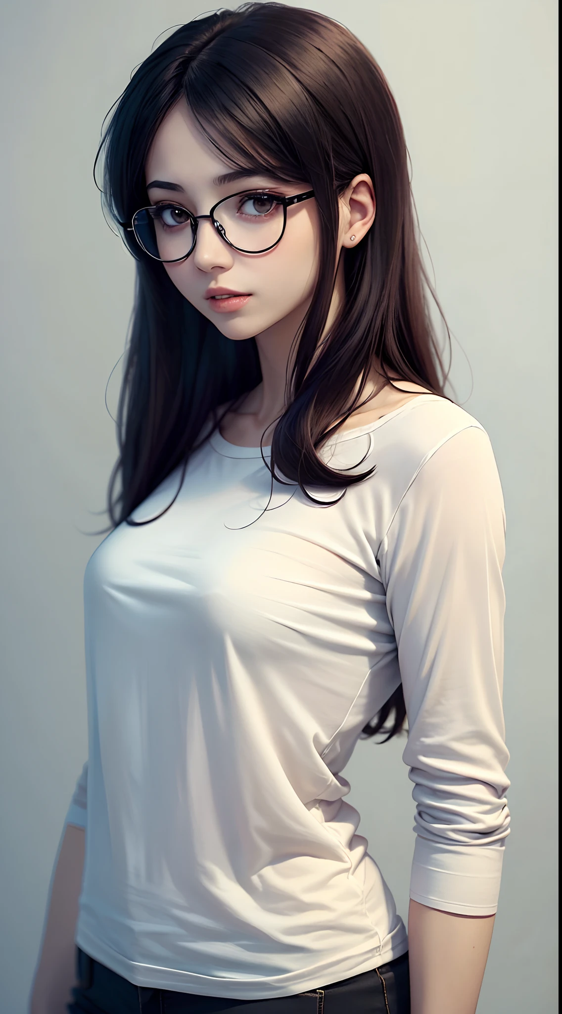 Woman in an office building, (masterpiece:1.5, best quality:1.5), realistic, (hyper realistic:1.5), (photo realistic:1.5), (real picture, intricate details), looking at viewer, (8k wallpaper:1.5) (from knee to head:1.15), (detailed face:1.5), (detailed eyes:1.5), (sharp photo),highly detailed, ultra-detailed, ultra high res, Cinematic Light, Lens Flare, high quality shadows, Ray tracing, sharp focus, (1girl, __focus__:1.3), (intricate details, PureErosFace_V1:1.5), (((huge breasts))), ((scared expression)), (nsfw:1.5), (straight bangs), athletic build, toned arms, Asian, Korean model, sweaty body, dripping wet, blushing cheeks,
Style - realistic, hyper-realistic
Location - modern office building
Background - cubicles with several well dressed Korean businessmen working
Subject - sexy Asian woman with large innocent eyes and ((long chestnut brown hair)) and swept bangs, Outfit - (white silk dress blouse with loose sleeves), (tight black pencil skirt)), (((black thick-rimmed oversized glasses))),