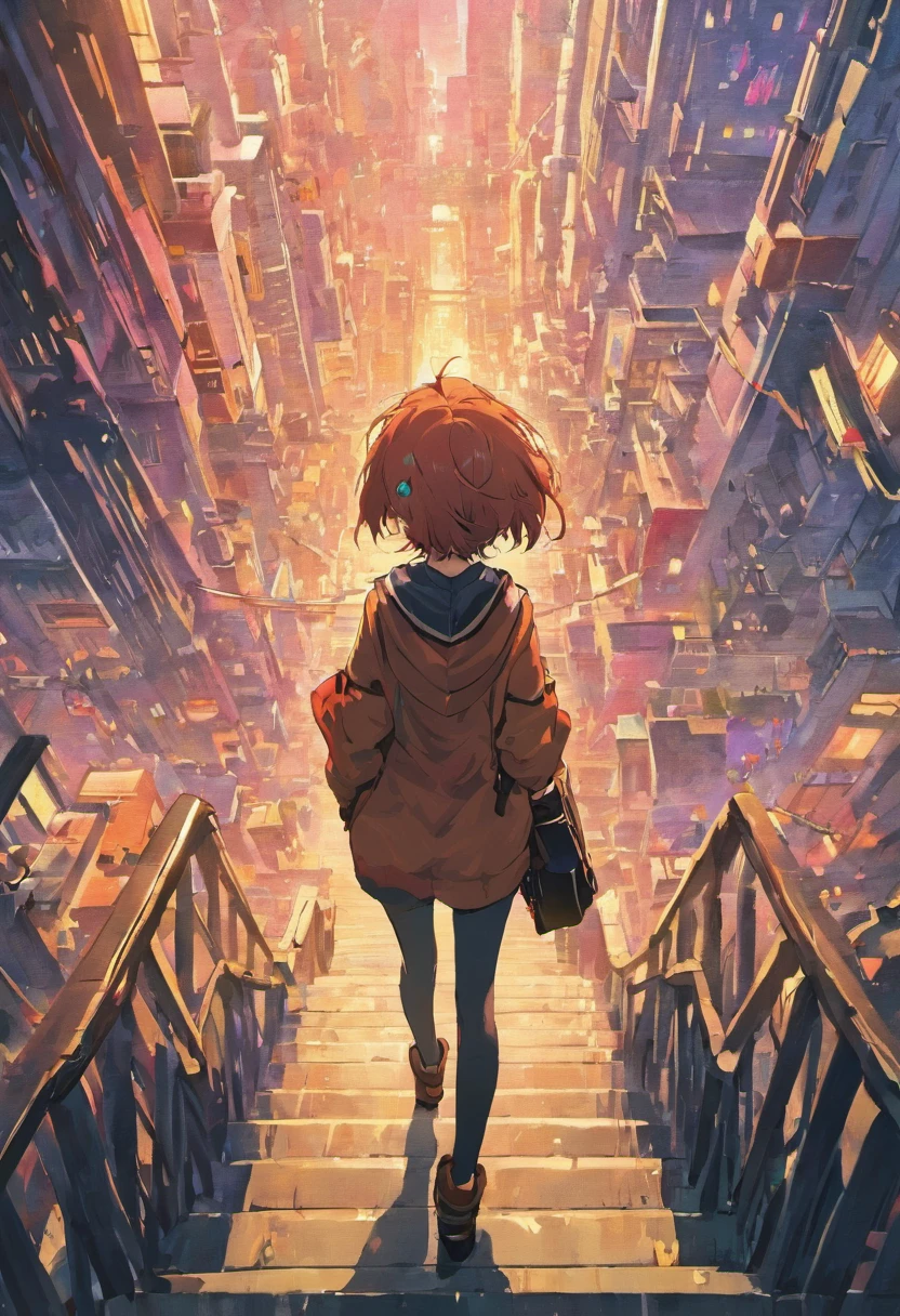 (8k unit wallpaper CG extremely detailed, masutepiece, Best Quality, Ultra-detailed), (((Solo)))), ((very wide shot:1.15)), Man on bridge looking at distant sci-fi city in the background, ((Back view)), ((Full body)), (high detailing), (Intricate details), Convoluted, magnificent scene, detailed environment, highly detailed surroundings, Illustrator, (masutepiece).