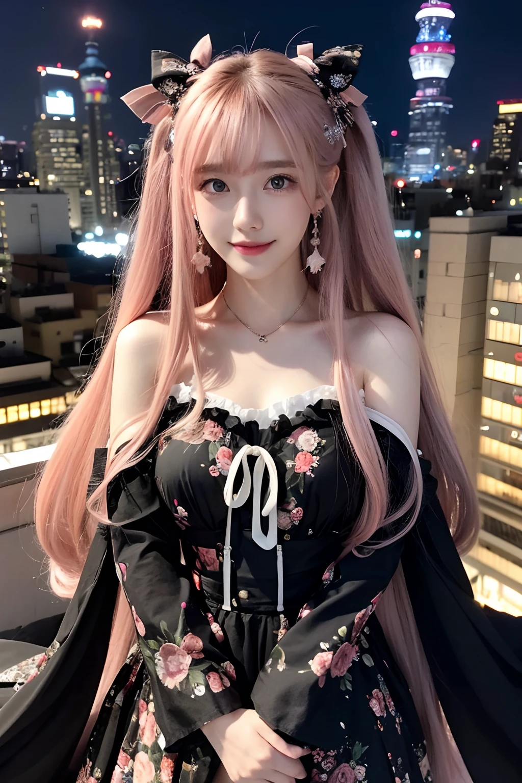 Masterpiece, Best quality, Night, stars, Cityscape, Real, Huge_filesize, the wallpaper, Colorful, Girl, Long hair, Pink hair, Drill hair, hair tying, Beautiful detailed eyes, view the viewer, Seductive smile, Japanese_clothes, Obi, frilled legwear, Hair_flower, hair pin, flower ribbon, Hair_bow, Earrings, jewelry, Bracelet,