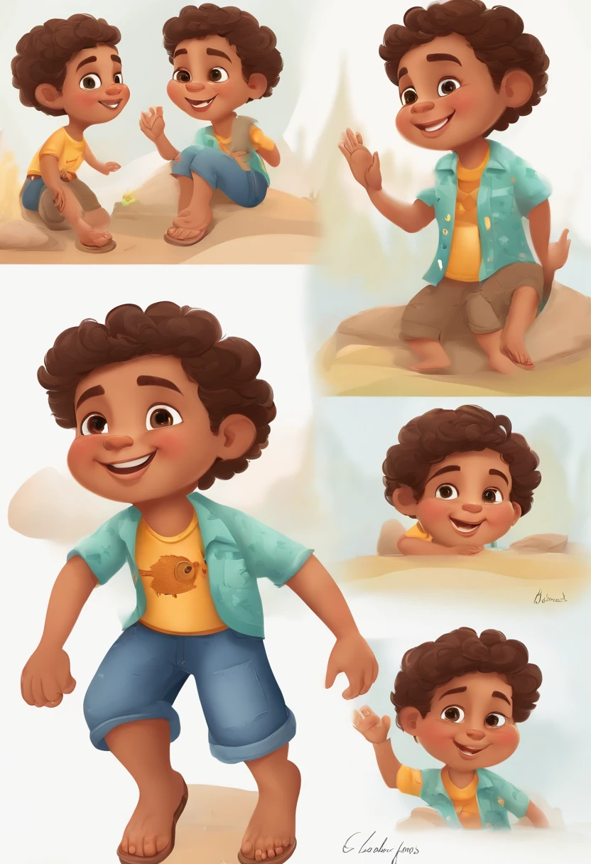 menino, multiples poses and expressions, fundo branco, children's book ilustration style, simples, Pescador, 6 anos, cores vivas, cabelo loiro curto, pele clara, sem oculos, camisa branca, bermuda jeans