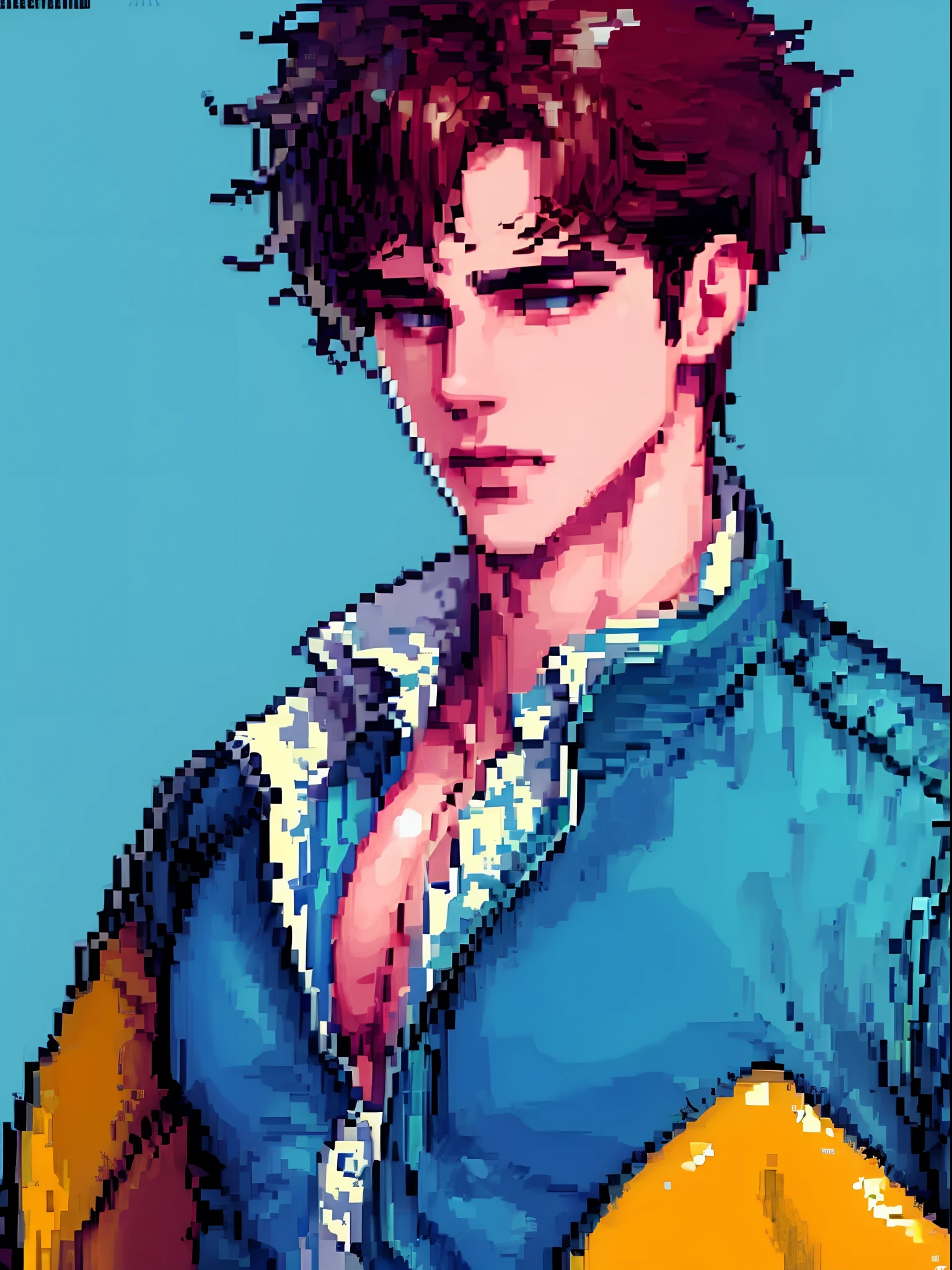 1boy, shane_(stardew_valley), messy hair, dark hair, male_focus, large_pectoral, solo, blue jacket, green polo shirt,more_details:-1, more_details:0, more_details:0.5, more_details:1, more_details:1.5,pixel art, pixelated