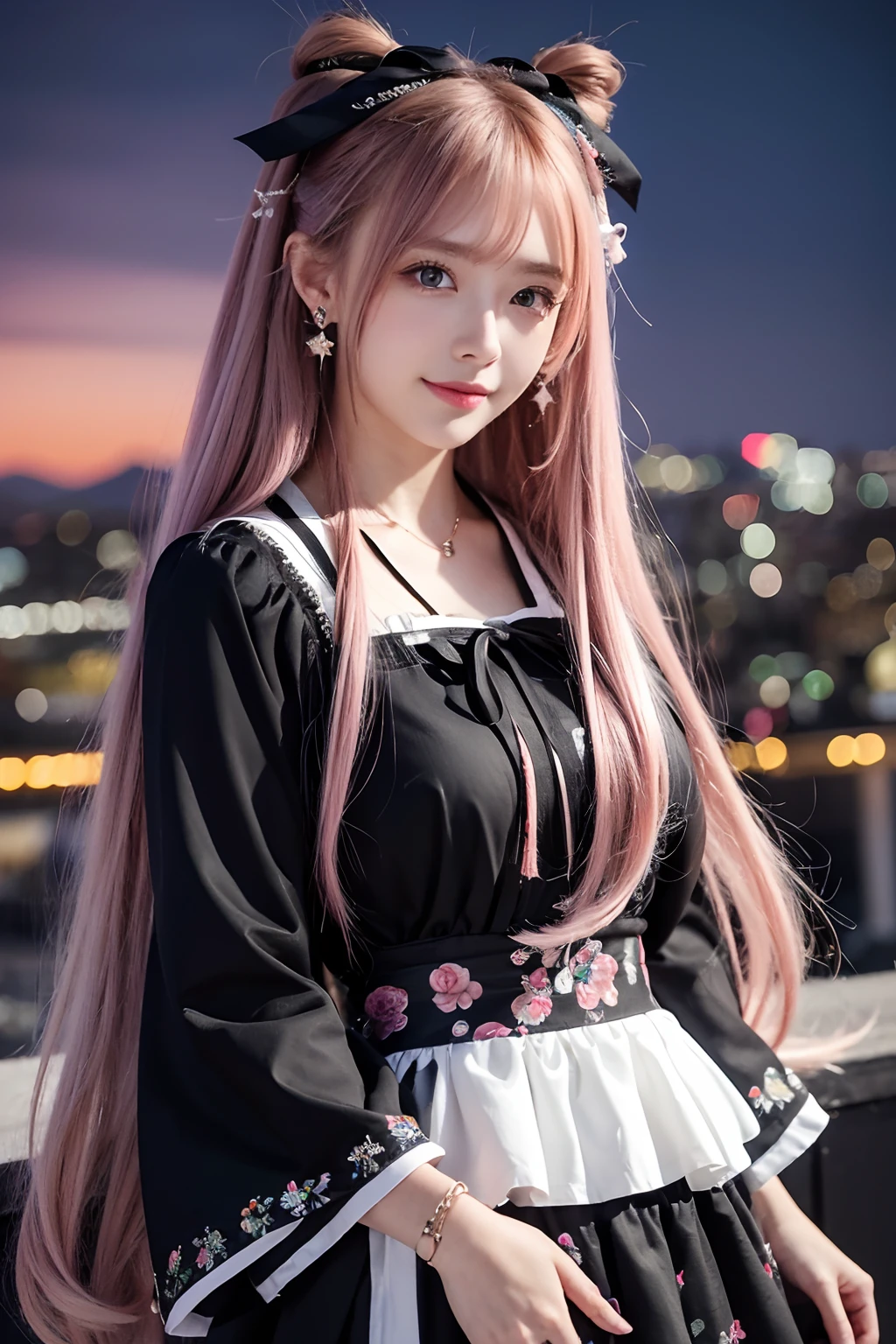 Masterpiece, Best quality, Night, stars, Cityscape, Real, Huge_filesize, the wallpaper, Colorful, Girl, Long hair, Pink hair, Drill hair, hair tying, Beautiful detailed eyes, view the viewer, Seductive smile, Japanese_clothes, Obi, frilled legwear, Hair_flower, hair pin, flower ribbon, Hair_bow, Earrings, jewelry, Bracelet,