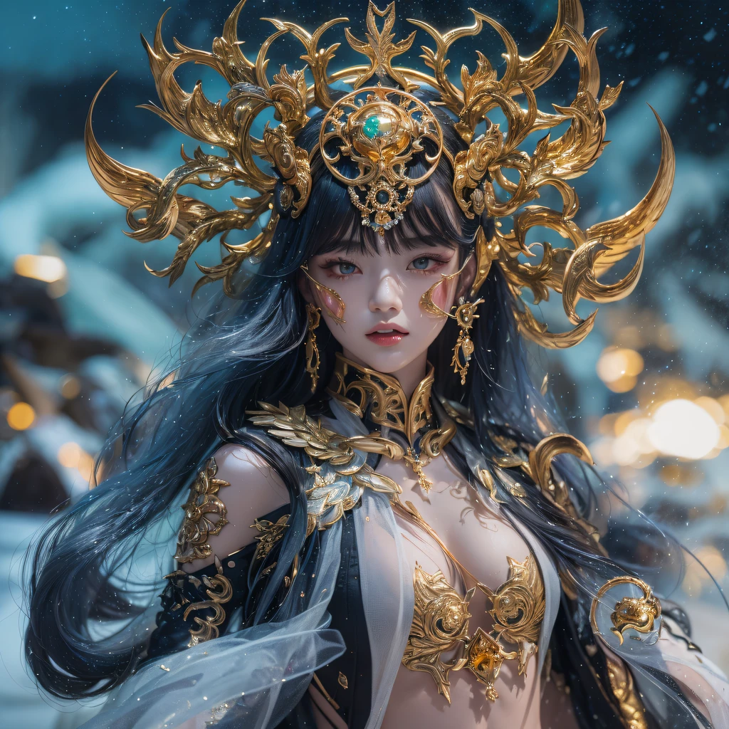 Fly the Nine-Tailed Light Blue Sky Division Flame Hairy Bear Star,Erotic,Torch Night Black Gold Orange Brocade Silk Snake Print Silk Pants,Rouge diamond tulle sheer lizard-patterned leggings,Fat Girl Space Flying in the Snow 1:900 miniatures,Front view,Pure transparency,Wear boxing gloves,Wear thick-rimmed reflective sunglasses with gold threads,Panorama ultra-wide angle,extremely happy,The texture of the real person is delicate,Strong visual impact,Hyper-detailing,Dream girl,Refined face,prettyeyes,Hair strands float in the air, Cherry model,Ouyang Xiaotong,crystal-clear,Good sense of perspective,Light and shadow effects,16K smooth,Surface reflected light,Flowing black hair,Water Goddess 32K,复杂,ellegance,highly detailed,A majestic,Digital photography,Autumn cowboy shot,surrealism painting,Broken rubies,Beating magic,Entwined water magic,(tmasterpiece,Cinematic light,Fine beautiful eyes:1.2),hdr,Void 5 Energy Storm,(China 1 girl,Black eyes:1.5),Rouge skin,Glowing skin,(sitting on the stone:1.5),delicated face,Black color hair,Put on palatial gold armor,cropped shoulders,,short skirt,Beautiful golden armor,Rained,big breasts beautiful,looking at viewert,Face away from the camera,tmasterpiece,Lateral face,Side portrait close-up