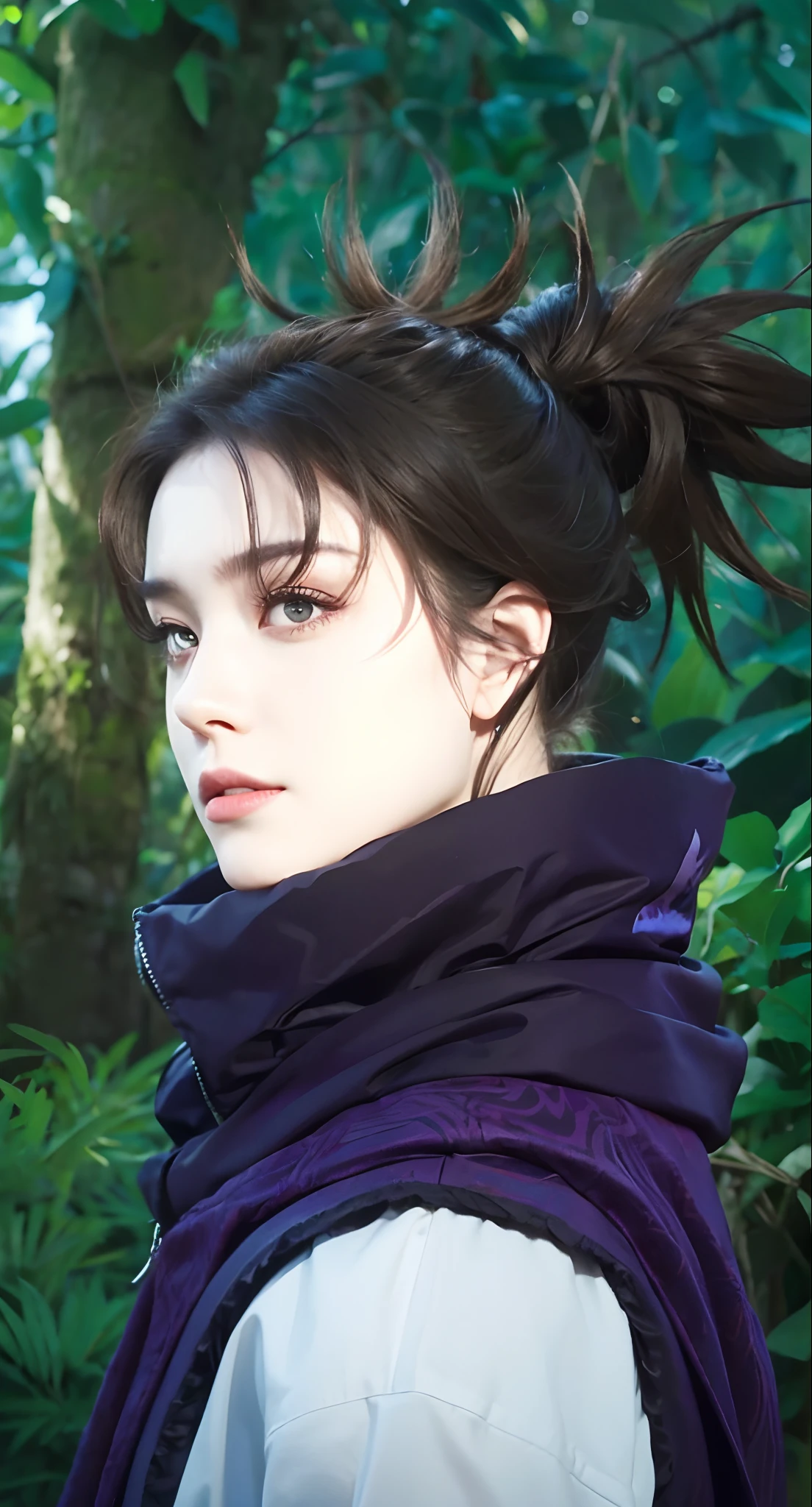 Real life adaption of this character, beauty face,looking to viewer, villain expression,realistic same hair ,realistic jungle with many grass background, hyper realistic, realistic light, realistic shadow, realism,(photorealistic:1.2), realistic same outfit, white skin