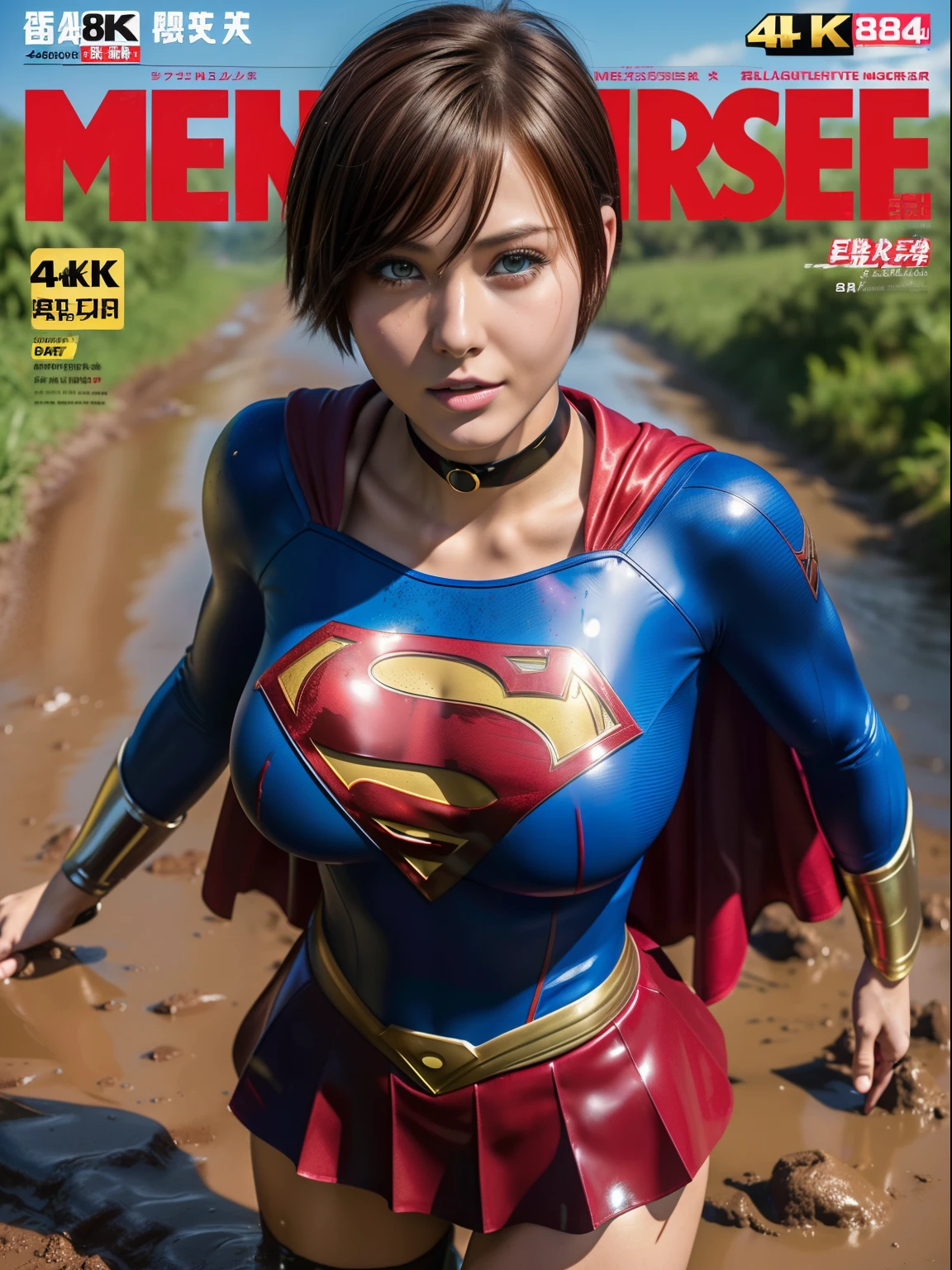 (Best Quality,4K,8K,hight resolution,masutepiece:1.2),Ultra-detailed,Realistic:1.37,Super masterpiece,Short-haired Supergirl taking a shower in muddy water、large full breasts、Looking at the camera、Glossy costume、a choker、Covered in mud、Weekly magazine cover、Splattering droplets