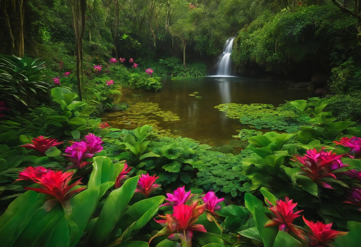 As it delved deeper into the dense foliage,
a selva revelava suas maravilhas,
cachoeiras majestosas que desaguavam em piscinas cristalinas,
Vibrant flowers blooming
in spectacular hues and exotic animals