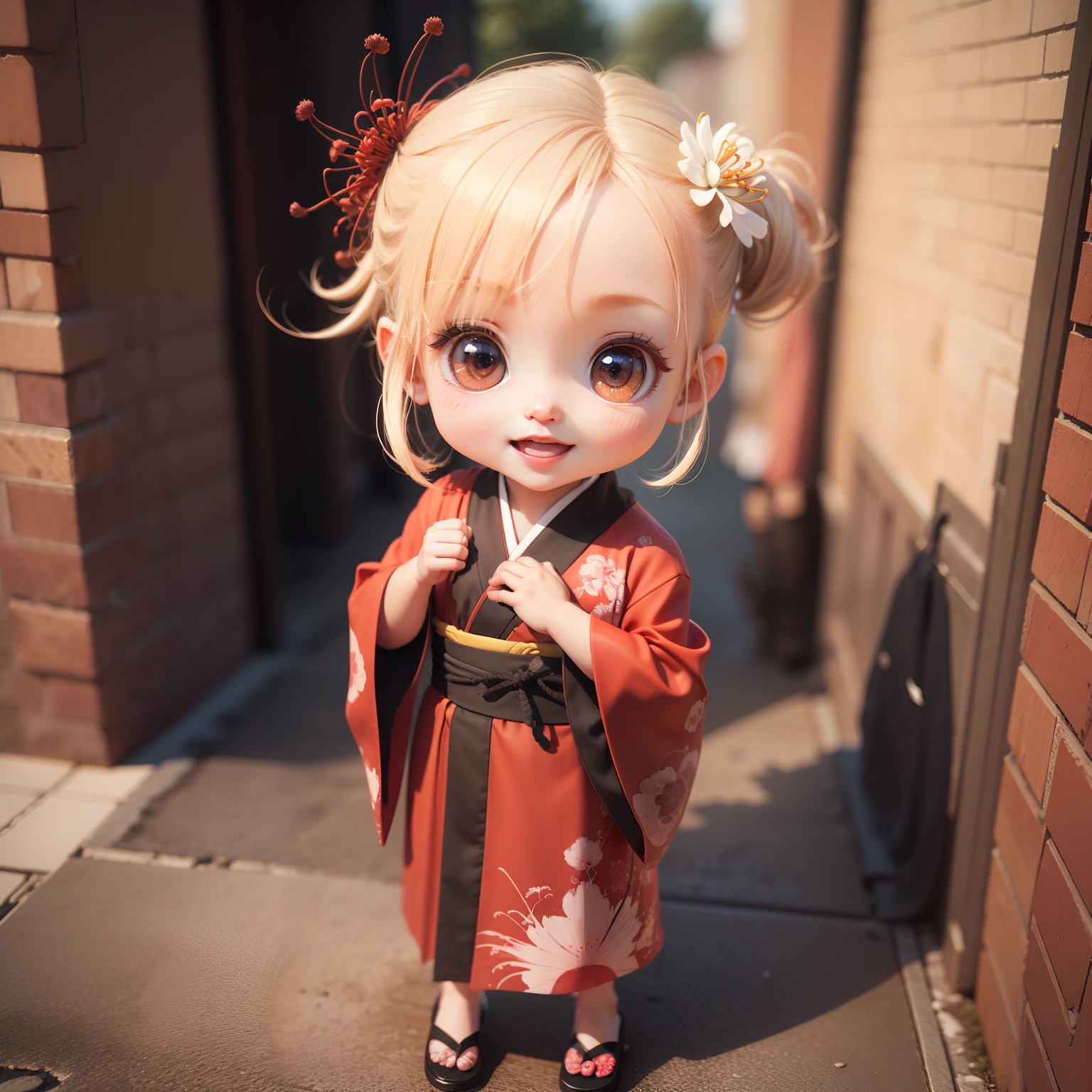 Cute Baby Chibi Anime、(((chibi 3d))) (Best Quality), (masutepiece)、Chibi Kimono、(higanbana:1.2)、Lycoris radiata、Open your mouth and smile、A detailed face、a small face、Lycoris radiata background