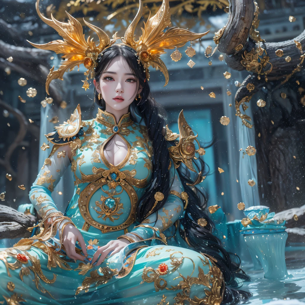 Fly the Nine-Tailed Light Blue Sky Division Flame Hairy Bear Star，Erotic，Torch Night Black Gold Orange Brocade Silk Snake Print Silk Pants，Rouge diamond tulle sheer lizard-patterned leggings，Fat Girl Space Flying in the Snow 1:900 miniatures，Front view，Pure transparency，Wear boxing gloves，Wear thick-rimmed reflective sunglasses with gold threads，Panorama ultra-wide angle，extremely happy，The texture of the real person is delicate，Strong visual impact，Hyper-detailing，Dream girl，Refined face，prettyeyes，Hair strands float in the air， Cherry model，Ouyang Xiaotong，crystal-clear，Good sense of perspective，Light and shadow effects，16K smooth，Surface reflected light，Flowing black hair，Water Goddess 32K，复杂，ellegance，highly  detailed，A majestic，Digital photography，Autumn cowboy shot，surrealism painting，Broken rubies，Beating magic，Entwined water magic，（tmasterpiece，Cinematic light，Fine beautiful eyes：1.2），hdr，Void 5 Energy Storm，(China 1 girl，Black eyes:1.5），Rouge skin，Glowing skin，(sitting on the stone：1.5），delicated face，Black color hair，Put on palatial gold armor，cropped shoulders，，short  skirt，Beautiful golden armor，Rained，big breasts beautiful，looking at viewert，Face away from the camera，tmasterpiece，Lateral face,Side portrait close-up