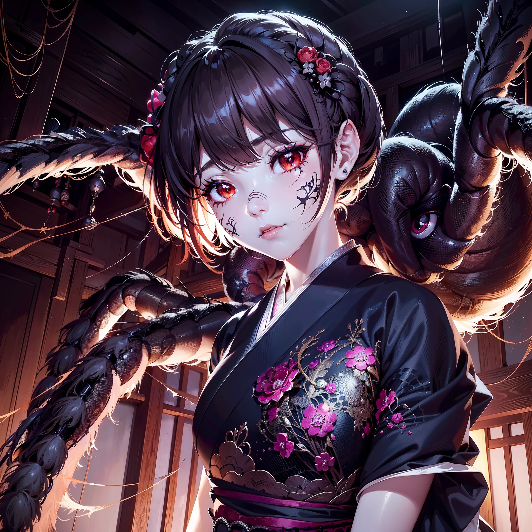 Beautiful girl fused with a spider. Girl in Japanese style gothic dress. ((Female Solo. 1.1)) . hiquality. Dark fantasy style illustration. she has short hair. ratex. Shining eyes. Spider legs extending from behind her. tarantula. Embroidery with a spider web pattern. Spider web tattoo. monstergirl. Dark indoor. Wooden house.