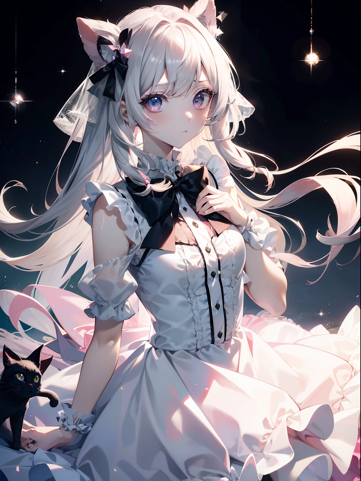 (masutepiece, Best Quality, Ultra High Resolution),1girl in,Pink dress, Ruffled dress, princess dress,Twin-tailed,Bags under the eyes, sour look,pale skin,beautiful and detailed face, Detailed eyes,(grey theme),frilld,Holding a black cat,bow ribbon,Transparency,fluorescent,Sparkling eyes