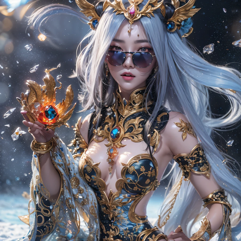Fly the Nine-Tailed Light Blue Sky Division Flame Hairy Bear Star,Erotic,Torch Night Black Gold Orange Brocade Silk Snake Print Silk Pants,Rouge diamond tulle sheer lizard-patterned leggings,Fat Girl Space Flying in the Snow 1:900 miniatures,Front view,Pure transparency,Wear boxing gloves,Wear thick-rimmed reflective sunglasses with gold threads,Panorama ultra-wide angle,extremely happy,The texture of the real person is delicate,Strong visual impact,Hyper-detailing,Dream girl,Refined face,prettyeyes,Hair strands float in the air, Cherry model,Ouyang Xiaotong,crystal-clear,Good sense of perspective,Light and shadow effects,16K smooth,Surface reflected light,Flowing black hair,Water Goddess 32K,复杂,ellegance,highly detailed,A majestic,Digital photography,Autumn cowboy shot,surrealism painting,Broken rubies,Beating magic,Entwined water magic,(tmasterpiece,Cinematic light,Fine beautiful eyes:1.2),hdr,Void 5 Energy Storm,(China 1 girl,Black eyes:1.5),Rouge skin,Glowing skin,(sitting on the stone:1.5),delicated face,Black color hair,Put on palatial gold armor,cropped shoulders,,short skirt,Beautiful golden armor,Rained,big breasts beautiful,looking at viewert,Face away from the camera,tmasterpiece,Lateral face,Side portrait close-up