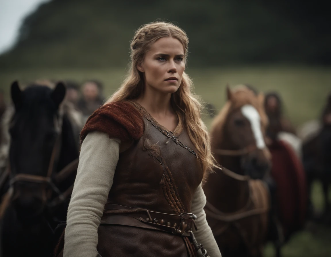 hermosa muijer guerrera vikinga, cara pintada, ropa cuero, pelo al viento, cara seria caminando hacia la camara, en el fondo mas guerreros borrosos, luz cinematogradica, humo fuego
