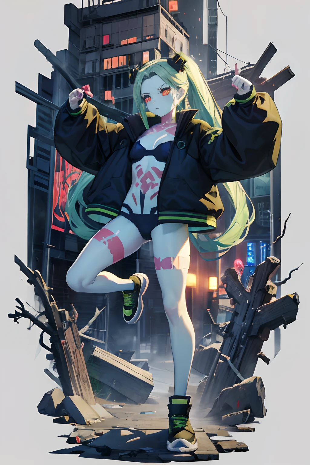 Rebecca, 1girll, Green hair, White skin, double tails, colored sclera, red sclera, Bra, Panties, Black jacket, Artificial eye, black sneaker shoes, Perfect anatomy, Solo, zombie, Multiple boys, crowd, Glowing eyes, Undead, Horror \(Theme\), Masterpiece, Best quality, Highly detailed, Upper body, standing