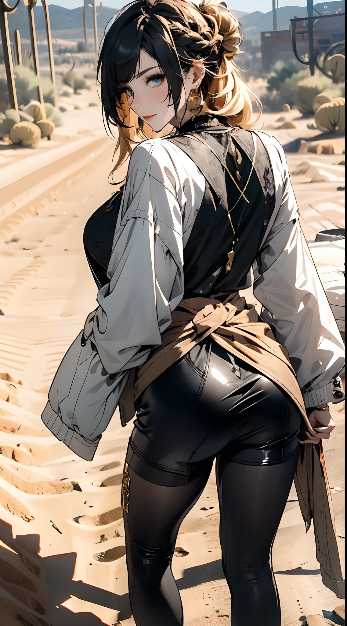 ((in a desert:1.5)), a matured woman with long hair and a white outfit, (resting in oasis:1.2, sitting:0.0), Arabic, Post apocalyptic, from arknights, artwork in the style of guweiz, bodyesbian, fine details. girls frontline, beautiful anime illustration, from girls frontline, by Yang J, stunning, 26 years old, (solo:1.5), (sfw:1.25), sagging breast, large breasts, big tits, thin waist, big ass, Raised sexy, (dark mahogany medium long hair, updo, hair over one eye, asymmetric hair, Carly hair, low tied),(musulman, Headscarfs, hair bands, head vandage, Turban), (ultra high resolution, 8K RAW photo, photo realistics, weak outline:1.3, clear focus), best qualtiy, natural lighting, blurry back ground, field depth, (Bright pupils, detailed beautiful eyes, high detailed face), Red lip, looking at viewers, (tight focus:1.2, from above), sexy posing, seductive weak smiling, center image, (wearing white long jacket and clothes, wearing short pants, gold ornaments, white clothes rolling around waist, camel-brown long leather boots, translucent lace pantyhose), ((correct anatomy:1.5)), ((outdoor:1.2)),