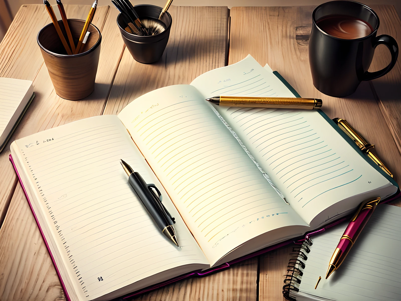 Pen and notebook on a wooden table