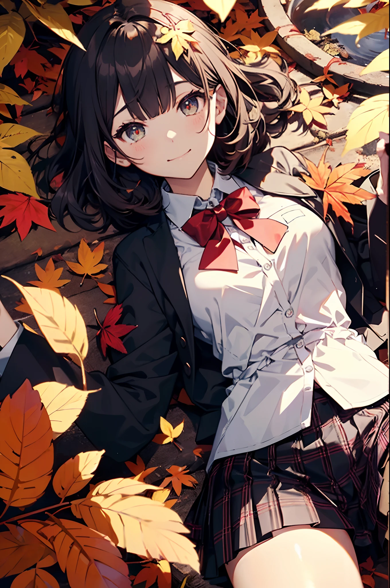 Official art、Best Quality、Unity 8k Wallpapers、32K、masterpiece、ultra-detailliert、超A high resolution、realisitic、Photorealsitic、(Cinematic lighting:1.2)、Fireglow effect、film grains、Best Shadows、Rim lighting、side lights、Ultra-detailed and complex 3D rendering、Sharp pupils、Realistic pupils、cowboy shot, Highly detailed background、beauitful face、blurry backround、a beauty girl、(super detailed skin、detailed skin textures:1.3)、Close-up of a statue in a field of red leaves, covered with fallen leaves, Red leaves on the ground, Autumn garden, Beautiful Autumn Spirits, covered with leaves, aomori japan, Cute, in autumn, red leaves, in japanese garden, in autumn, during autumn, autum, traditional japanese colors, japan nature、(From above、Lie down:1.3)、(outside of house、thighs thighs thighs thighs)、blazers、The shirt、Plaid bow tie、Plaid pleated mini skirt、15 year old beautiful girl、Beautiful black hair、Blunt bangs、eyes are brown、Embarrassing、looking happy smile、