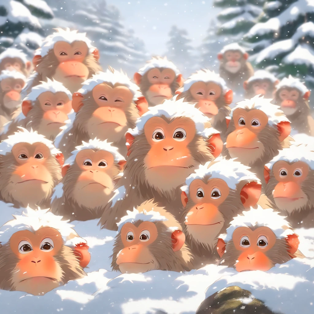 (best quality, highres, (snowy:0.9), detailed) Many Japanese macaques, known as snow monkeys, are depicted in this artwork. They are shown soaking shoulder-deep in an open-air bath. Snow is falling all around them, creating a serene and picturesque scene. The macaques' fur is rendered in incredible detail, capturing the texture and individual hairs. The snow is depicted with a realistic touch, emphasizing its cold and soft appearance. The lighting in the artwork is carefully crafted to highlight the macaques and create a harmonious atmosphere. This artwork showcases the beauty of nature, the adorable and playful macaques, and the tranquility of a snowy day.