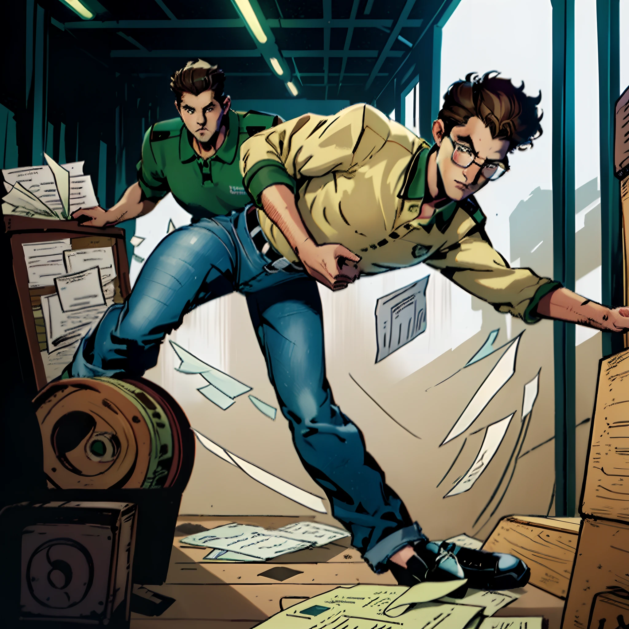 create a disney pixar style movie poster of a man with dark blond hair, with a quiff, about 25 years old, with glasses, brown eyes, green polo shirt in uniform, dark jeans, black safety shoes, pushing a large roll of paper , in a large shed