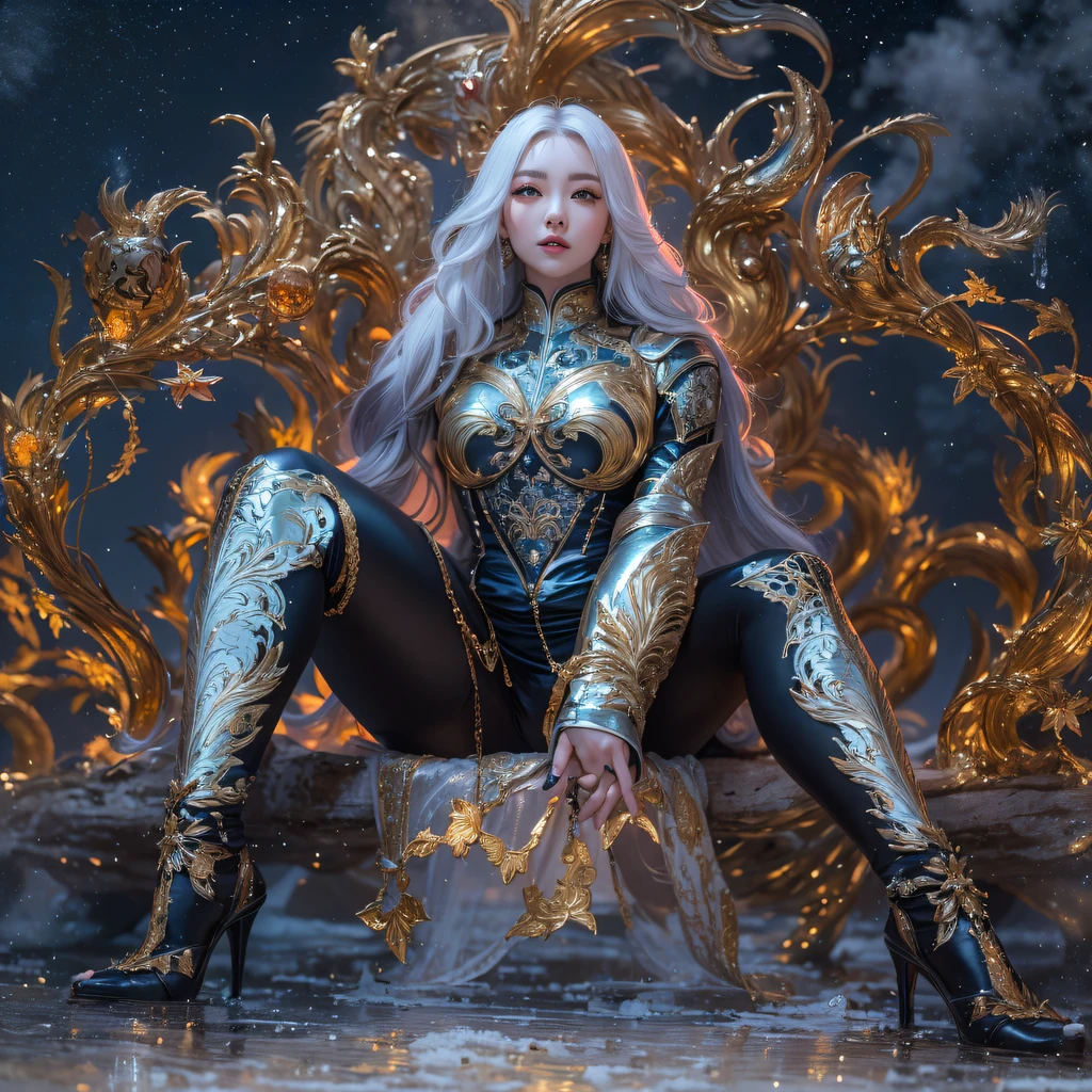 Fly the Nine-Tailed Light Blue Sky Division Flame Hairy Bear Star,Erotic,Torch Night Black Gold Orange Brocade Silk Snake Print Silk Pants,Rouge diamond tulle sheer lizard-patterned leggings,Fat Girl Space Flying in the Snow 1:900 miniatures,Front view,Pure transparency,Wear boxing gloves,Wear thick-rimmed reflective sunglasses with gold threads,Panorama ultra-wide angle,extremely happy,The texture of the real person is delicate,Strong visual impact,Hyper-detailing,Dream girl,Refined face,prettyeyes,Hair strands float in the air, Cherry model,Ouyang Xiaotong,crystal-clear,Good sense of perspective,Light and shadow effects,16K smooth,Surface reflected light,Flowing black hair,Water Goddess 32K,复杂,ellegance,highly detailed,A majestic,Digital photography,Autumn cowboy shot,surrealism painting,Broken rubies,Beating magic,Entwined water magic,(tmasterpiece,Cinematic light,Fine beautiful eyes:1.2),hdr,Void 5 Energy Storm,(China 1 girl,Black eyes:1.5),Rouge skin,Glowing skin,(sitting on the stone:1.5),delicated face,Black color hair,Put on palatial gold armor,cropped shoulders,,short skirt,Beautiful golden armor,Rained,big breasts beautiful,looking at viewert,Face away from the camera,tmasterpiece,Lateral face,Side portrait close-up