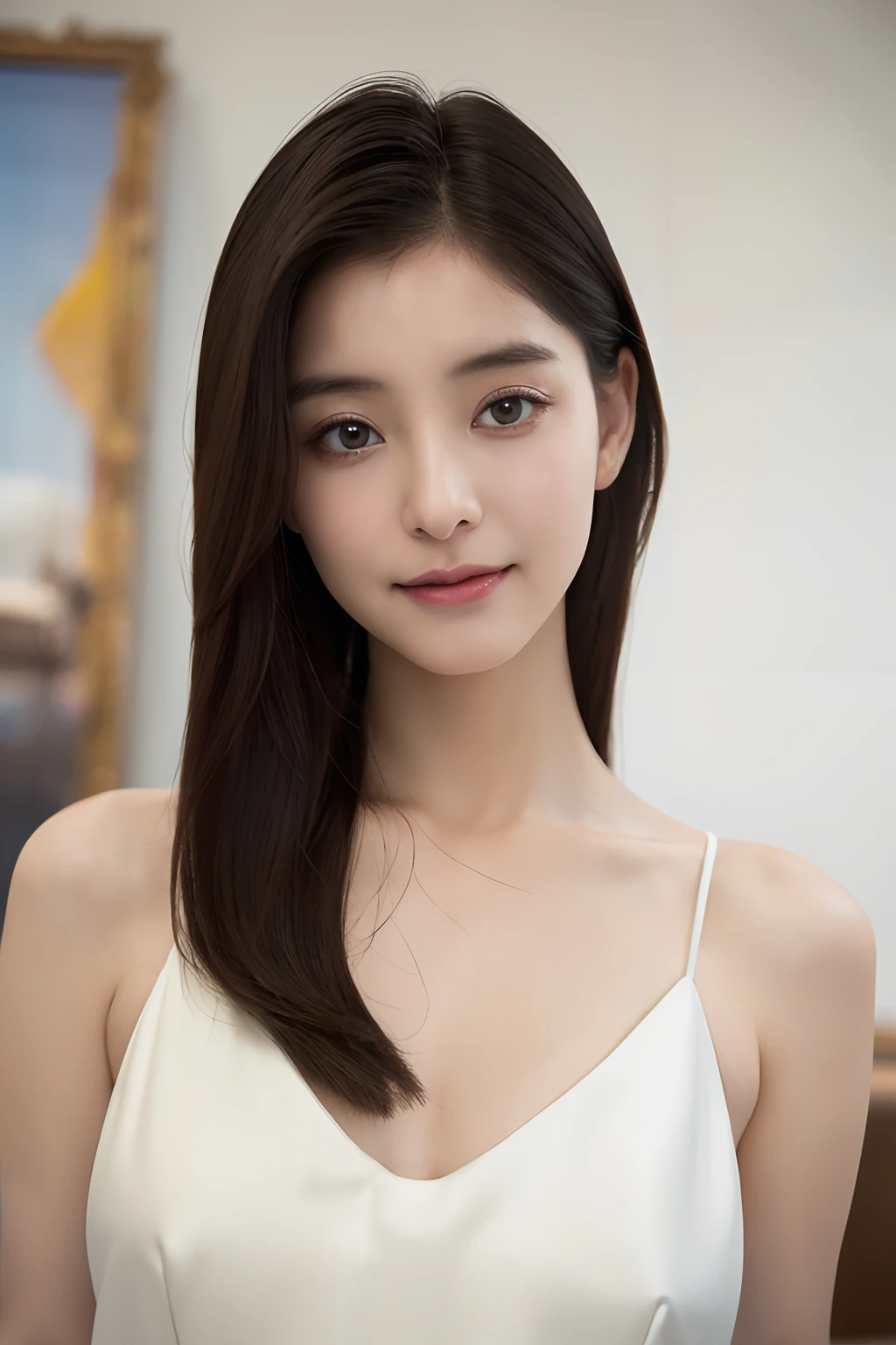 (8k), (best quality), masterpiece, (realistic), (photorealistic:1.37), ultra-detailed, in a photo studio posing for pictures, in elegant dress, (upper body), sleepy eyes, drowsy eyes, dozy eyes, dull eyes, vacant look, a fishy look, blank look, empty look, glazed look, shoot from front, ((smile))