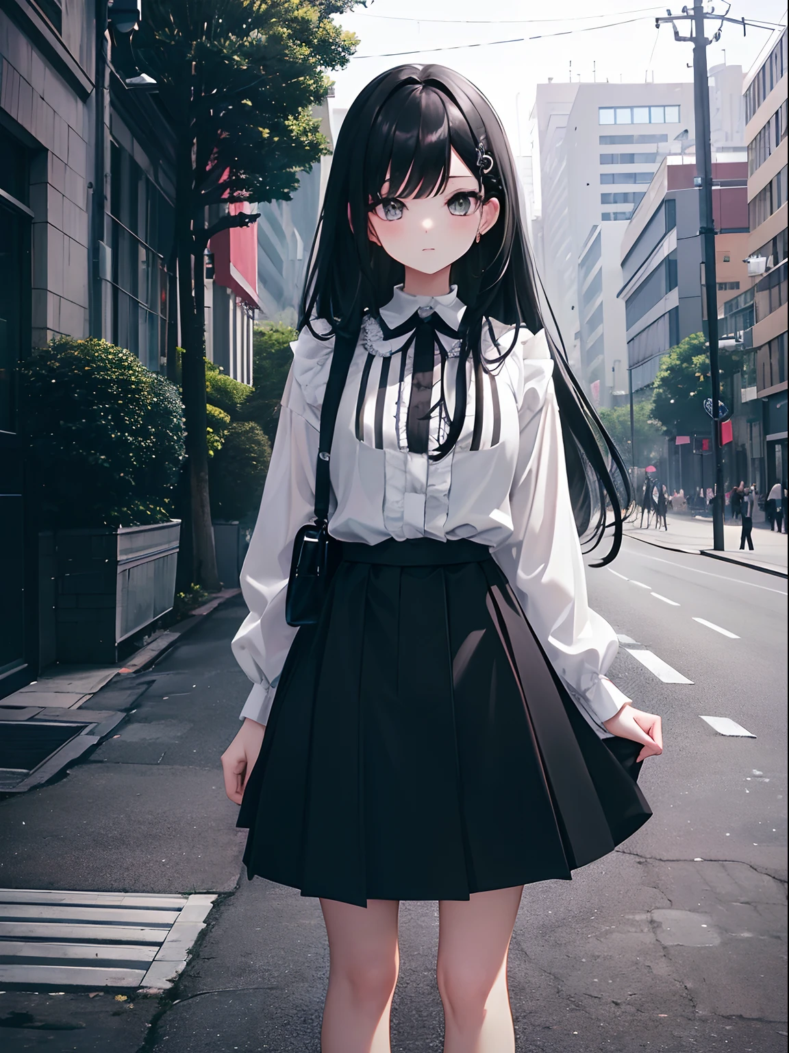 (masterpiece,best quality,ultra-detailed),1girl,long hair,black hair, black striped skirt,black blouse,((grey theme)),((pastel colours theme)),in a park,sidewalk