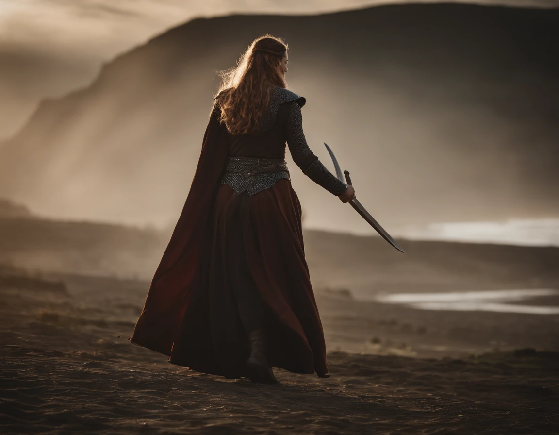 hermosa muijer guerrera vikinga, cara pintada, ropa cuero, escudo, espada levantada, pronta para la lucha, pelo al viento, cara seria caminando hacia la camara, en el fondo mas guerreros borrosos, luz cinematografica, humo fuego, batalla epica