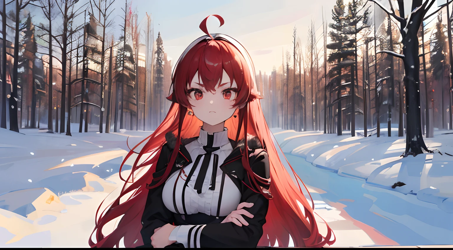 ((top-quality)),(An unparalleled masterpiece),(Super exciting),（Unified 8K）,(extremely clear）,The upper part of the body, eris grayrat, Red Straight Hair,shairband、 Red Eyes、Lifted eyes、Red cheeks、Ahoge, Colossal tits、Fur and black jacket、white  shirt、muscular body、Arms crossed、up chest、plein air、snowy background、forested background、Focus on people