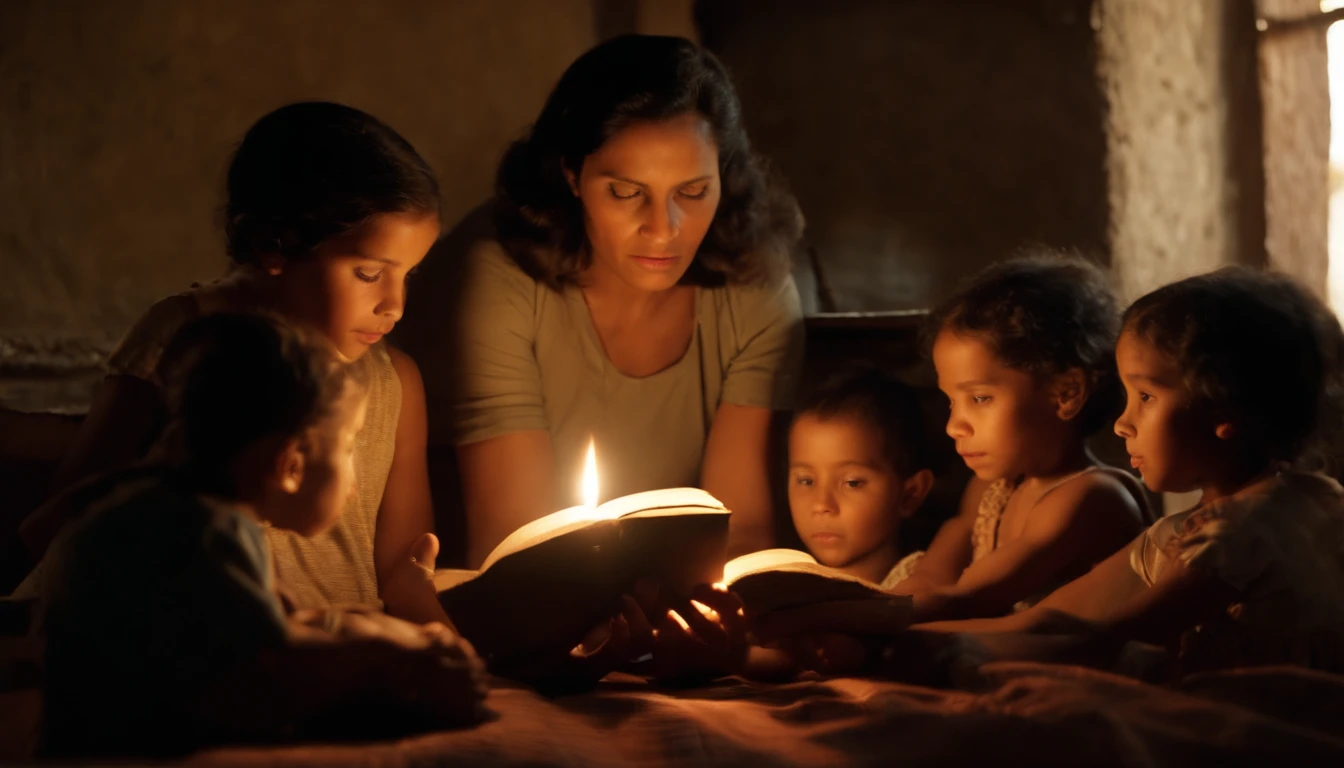 wide shot of a very poor 40 years old Venezuelan Mother teaching Bible stories to her 4 kids, her appearance is rough and not pretty, her setting humble, inside a house made of cheap materials, Venezuela in the year 1970, intimate lighting from a oil lamp, kids looking at her attentive, film grain, humble setting, photo realistic, shallow depth of field, vintage film camera look