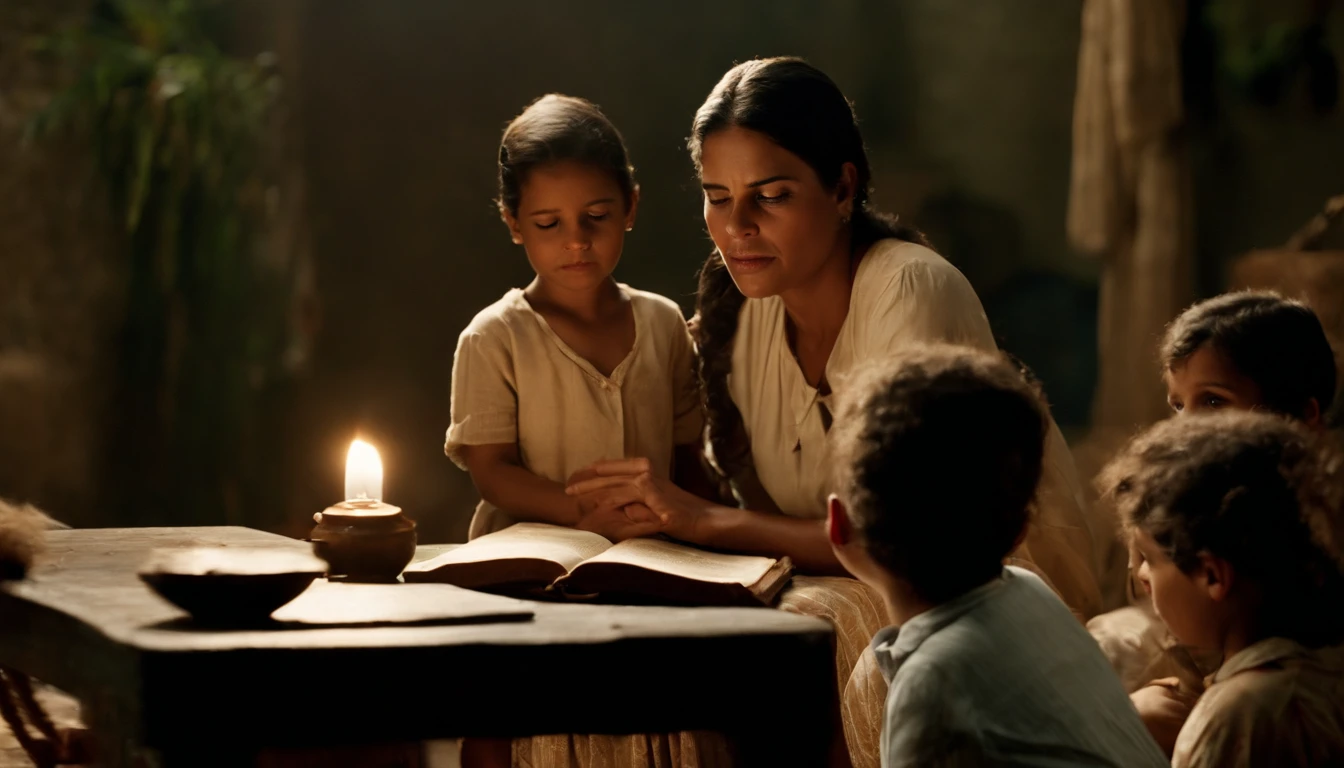 wide shot of a very poor 40 years old Venezuelan Mother teaching Bible stories to her 4 kids, her appearance is rough and not pretty, her setting humble, inside a house made of cheap materials, Venezuela in the year 1970, intimate lighting from a oil lamp, kids looking at her attentive, film grain, humble setting, photo realistic, shallow depth of field, vintage film camera look