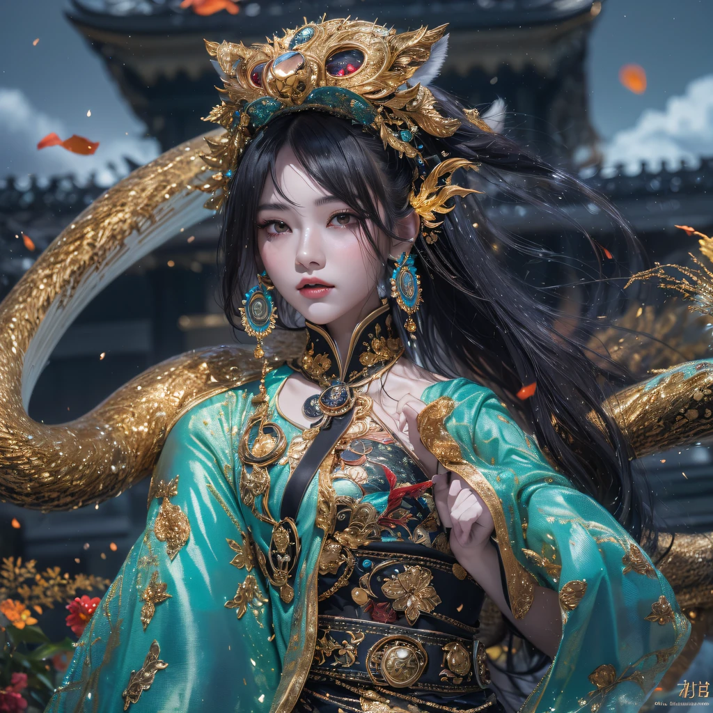 Fly the Nine-Tailed Light Blue Sky Division Flame Hairy Bear Star，Erotic，Torch Night Black Gold Orange Brocade Silk Snake Print Silk Pants，Rouge diamond tulle sheer lizard-patterned leggings，Fat Girl Space Flying in the Snow 1:900 miniatures，Front view，Pure transparency，Wear boxing gloves，Wear thick-rimmed reflective sunglasses with gold threads，Panorama ultra-wide angle，extremely happy，The texture of the real person is delicate，Strong visual impact，Hyper-detailing，Dream girl，Refined face，prettyeyes，Hair strands float in the air， Cherry model，Ouyang Xiaotong，crystal-clear，Good sense of perspective，Light and shadow effects，16K smooth，Surface reflected light，Flowing black hair，Water Goddess 32K，复杂，ellegance，highly  detailed，A majestic，Digital photography，Autumn cowboy shot，surrealism painting，Broken rubies，Beating magic，Entwined water magic，（tmasterpiece，Cinematic light，Fine beautiful eyes：1.2），hdr，Void 5 Energy Storm，(China 1 girl，Black eyes:1.5），Rouge skin，Glowing skin，(sitting on the stone：1.5），delicated face，Black color hair，Put on palatial gold armor，cropped shoulders，，short  skirt，Beautiful golden armor，Rained，big breasts beautiful，looking at viewert，Face away from the camera，tmasterpiece，Lateral face,Side portrait close-up