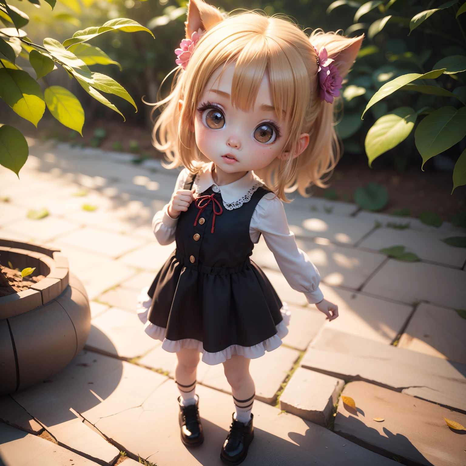 Cute Chibi Anime、(((Chibi 3D))) (Best Quality), (masutepiece)In the midst of the Save Nature rally、Candid shot of cute blonde activist in dress made of leaves、portrait of a full body、natural soft light、wide angles、hard lights、fluttering leaf、Detailed, Textured skin、The determined look on her face、flower in her hair、photos realistic、Standing