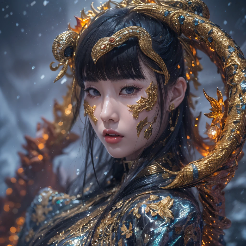 Fly the Nine-Tailed Light Blue Sky Division Flame Hairy Bear Star，Erotic，Torch Night Black Gold Orange Brocade Silk Snake Print Silk Pants，Rouge diamond tulle sheer lizard-patterned leggings，Fat Girl Space Flying in the Snow 1:900 miniatures，Front view，Pure transparency，Wear boxing gloves，Wear thick-rimmed reflective sunglasses with gold threads，Panorama ultra-wide angle，extremely happy，The texture of the real person is delicate，Strong visual impact，Hyper-detailing，Dream girl，Refined face，prettyeyes，Hair strands float in the air， Cherry model，Ouyang Xiaotong，crystal-clear，Good sense of perspective，Light and shadow effects，16K smooth，Surface reflected light，Flowing black hair，Water Goddess 32K，复杂，ellegance，highly  detailed，A majestic，Digital photography，Autumn cowboy shot，surrealism painting，Broken rubies，Beating magic，Entwined water magic，（tmasterpiece，Cinematic light，Fine beautiful eyes：1.2），hdr，Void 5 Energy Storm，(China 1 girl，Black eyes:1.5），Rouge skin，Glowing skin，(sitting on the stone：1.5），delicated face，Black color hair，Put on palatial gold armor，cropped shoulders，，short  skirt，Beautiful golden armor，Rained，big breasts beautiful，looking at viewert，Face away from the camera，tmasterpiece，Lateral face,Side portrait close-up