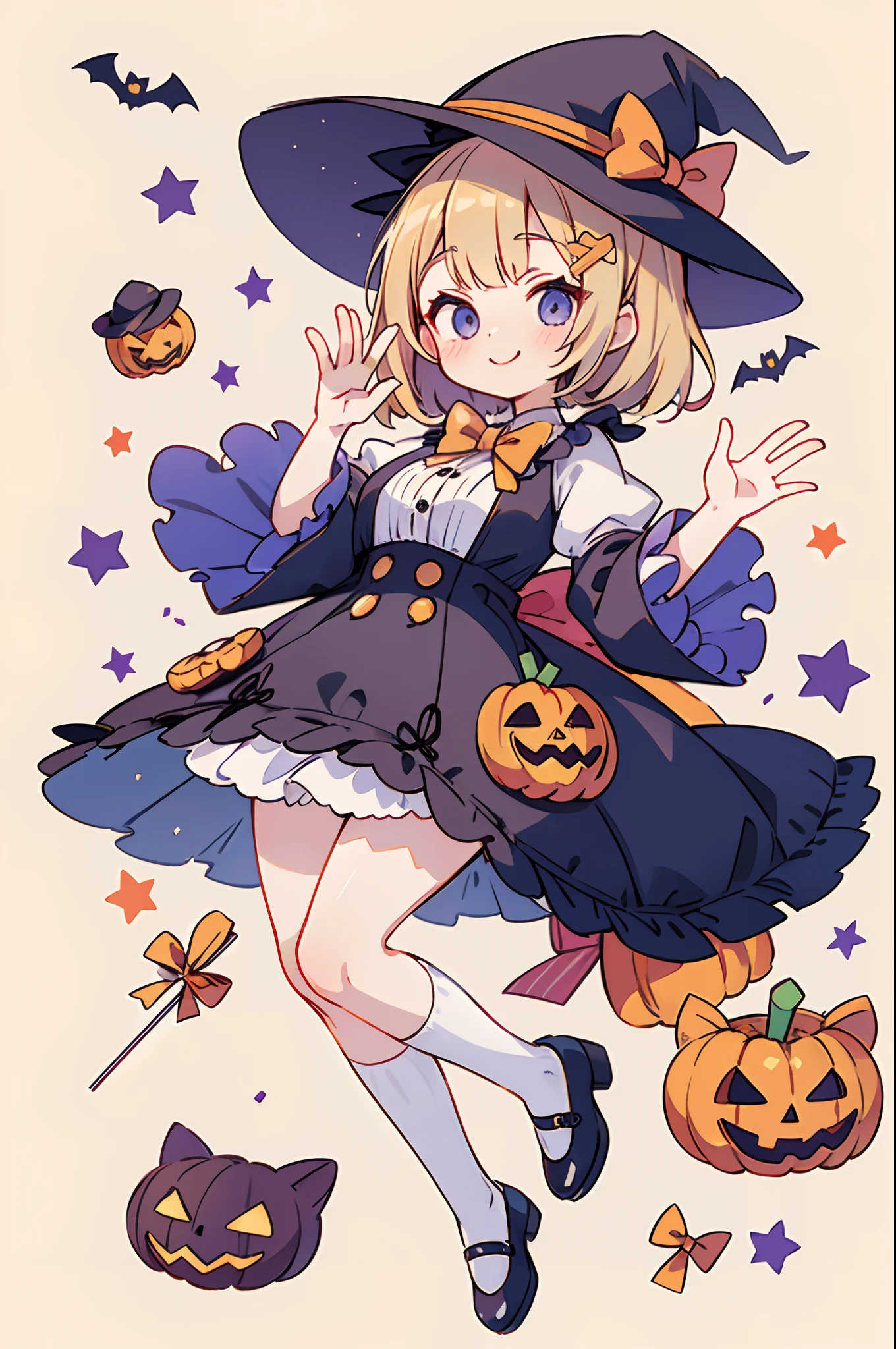 Cute Halloween Theme、full body Esbian、Eye Up、A smile、 Waving hands in a cute pose、Glamorous Hat、Halloween Accessories、Draw clothes buttons and pockets in a Halloween style、Cute shoes、high knee socks、breasts are large、Candy and sweets are scattered in the background