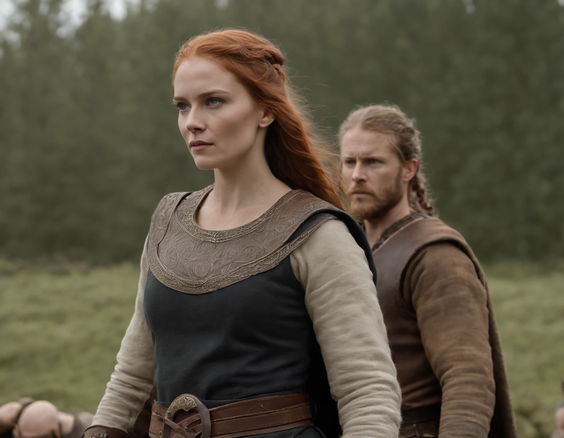 hermosa muijer guerrera vikinga, cara pintada, ropa cuero, escudo, espada levantada, pronta para la lucha, pelo al viento, cara seria caminando hacia la camara, en el fondo mas guerreros borrosos, luz cinematografica, humo fuego, batalla epica