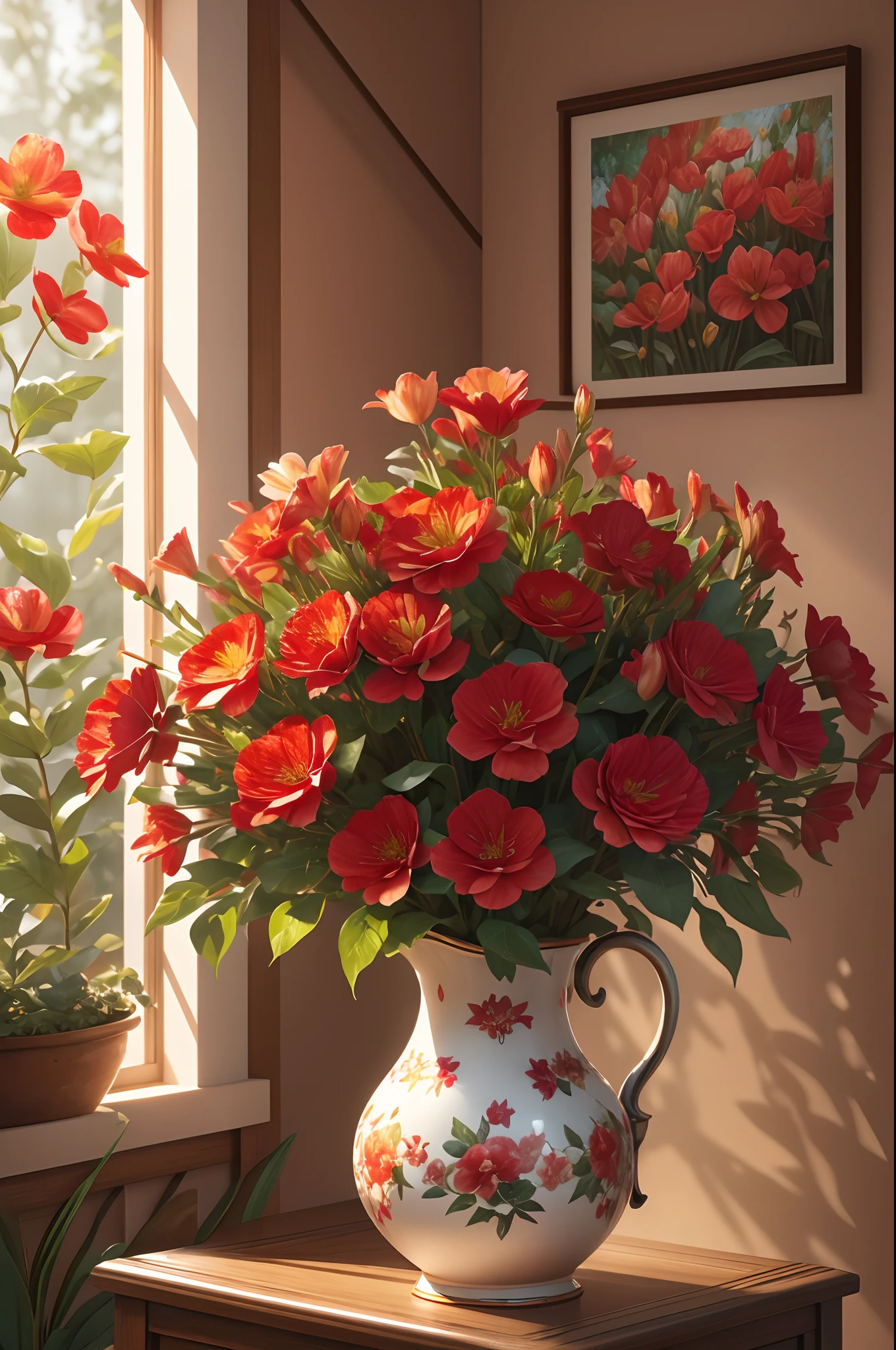 (ultra-realistic), (highly detailed), ultra high res, a few ultra beautiful red flowers blooming on a spring morning, inside a garden, shiny, bright, multi-colors, masterpiece, picture, (no humans)
