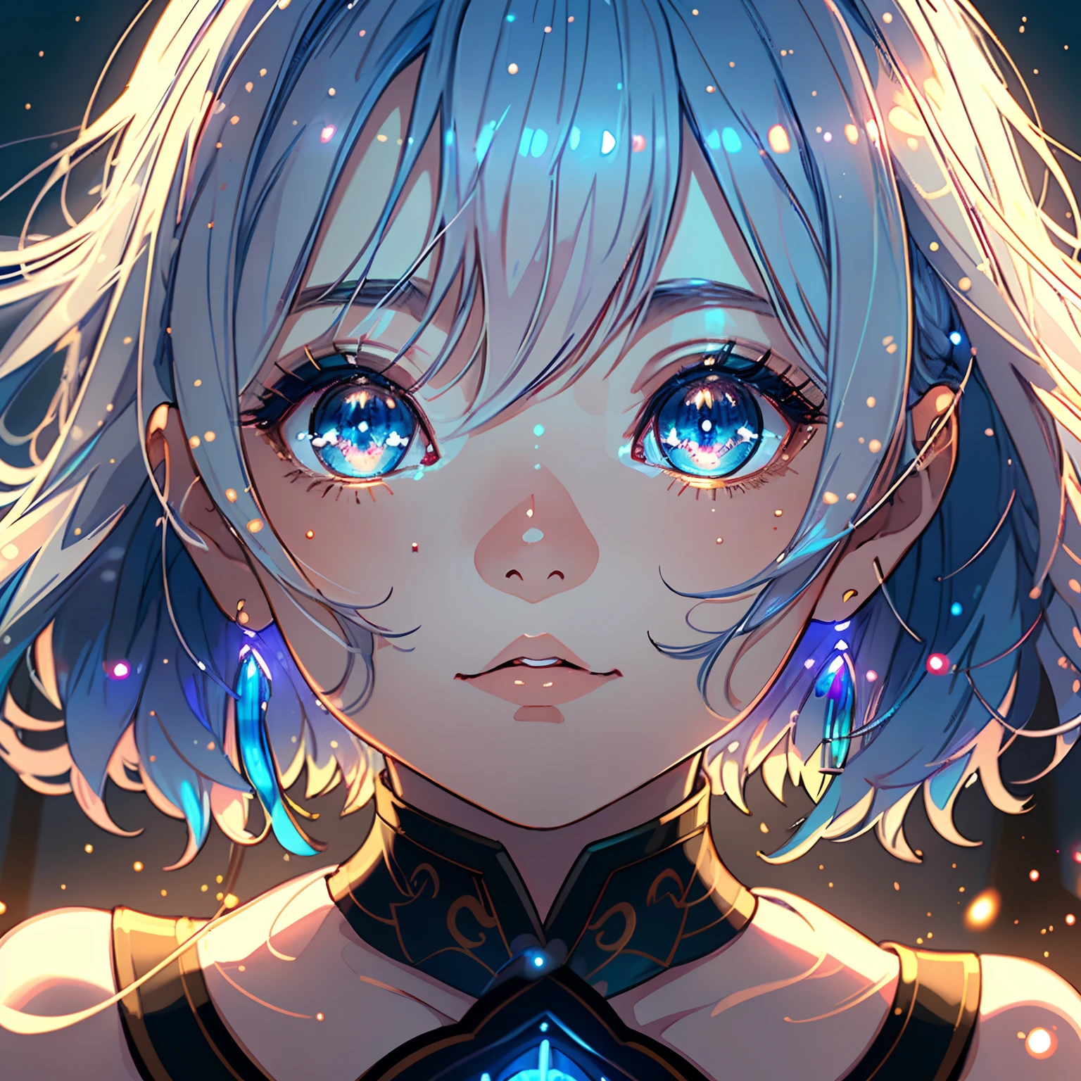 (the Extremely Detailed CG Unity 8K Wallpapers,masutepiece, Best Quality, Ultra-detailed), best illumination and shadow, extremely delicate and beautiful, floating, Blue hair girl in cute pose,short-cut,robe blanche,Evening glow,It's sparkling,Staring into the distance {{(masutepiece),(the Extremely Detailed CG Unity 8K Wallpapers),Best Quality,Solo,Cinematic lighting,Detailed background,Beautiful detailed eyes,Bright pupils, (extremely delicate and beautiful),(Beautiful and detailed eyes description),Ultra-detailed,masutepiece,}}