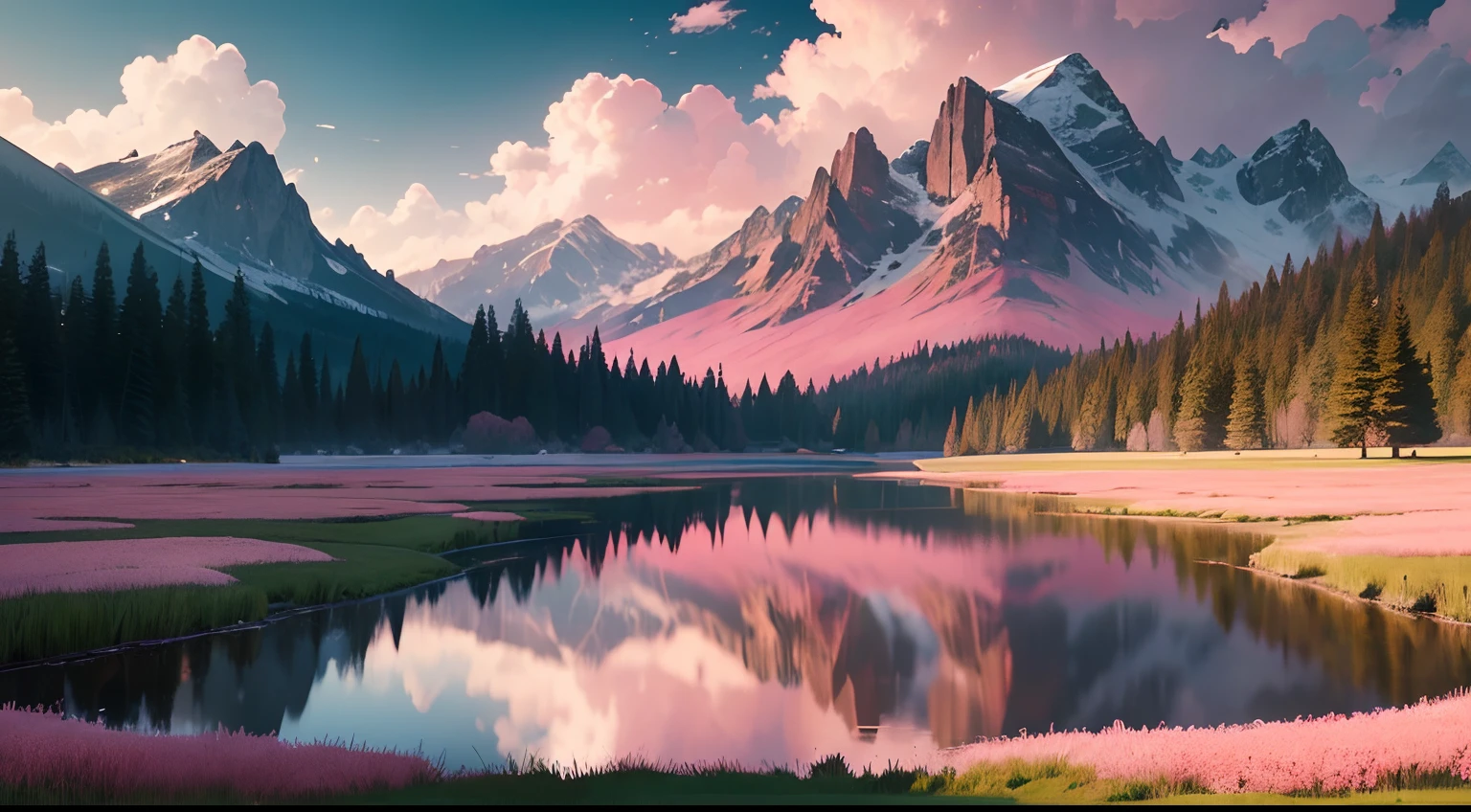 a hyper realistic, high quality, masterpiece of a beautiful small ripely pond in the middle of a beautiful grassy meadow with lots of pink flowers surrounded by a deep dark oak forest and rocky snowy mountains in the background with highly detailed reflection and large fluffy clouds in the stormy pink sky
