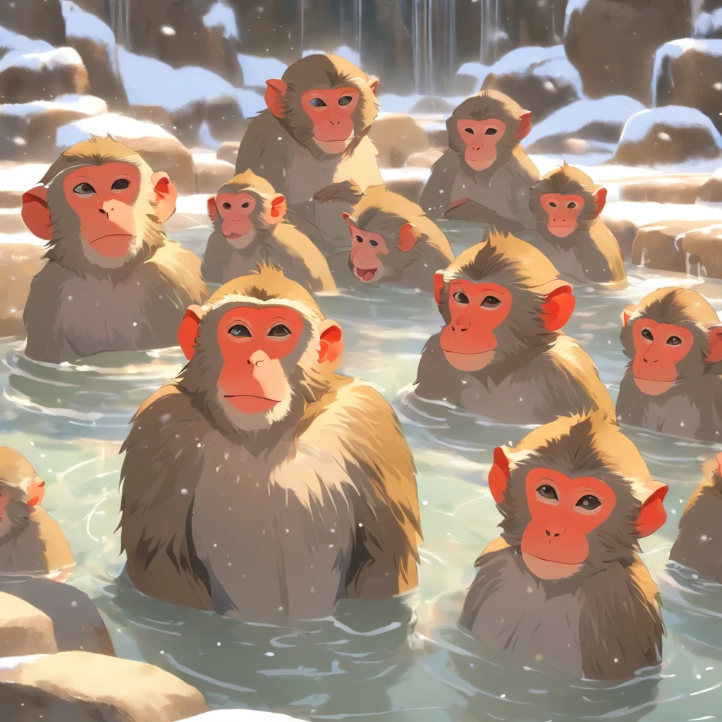Many Japanese macaques soak shoulder-deep in an open-air bath, surrounded by snow. [Hot springs] are made of natural stones, providing the perfect relaxing environment for the macaques. The steam rises from the hot water, creating a sense of tranquility in the scene. The macaques enjoy their bath, their fur glistening in the warm water. The hot springs are nestled amidst a serene winter landscape, with snow-covered trees and mountains in the background. The macaques interact with each other, playfully splashing water as they unwind in the soothing hot springs. The image quality is of the highest standard, with vivid colors and ultra-fine details, capturing every water droplet and fur texture on the macaques. The scene is depicted in a realistic, photorealistic style, highlighting the beauty of this unique moment. The color tone of the image is cool and serene, reflecting the wintry atmosphere. Soft, natural lighting enhances the peaceful ambiance, adding a touch of warmth to the macaques' faces.