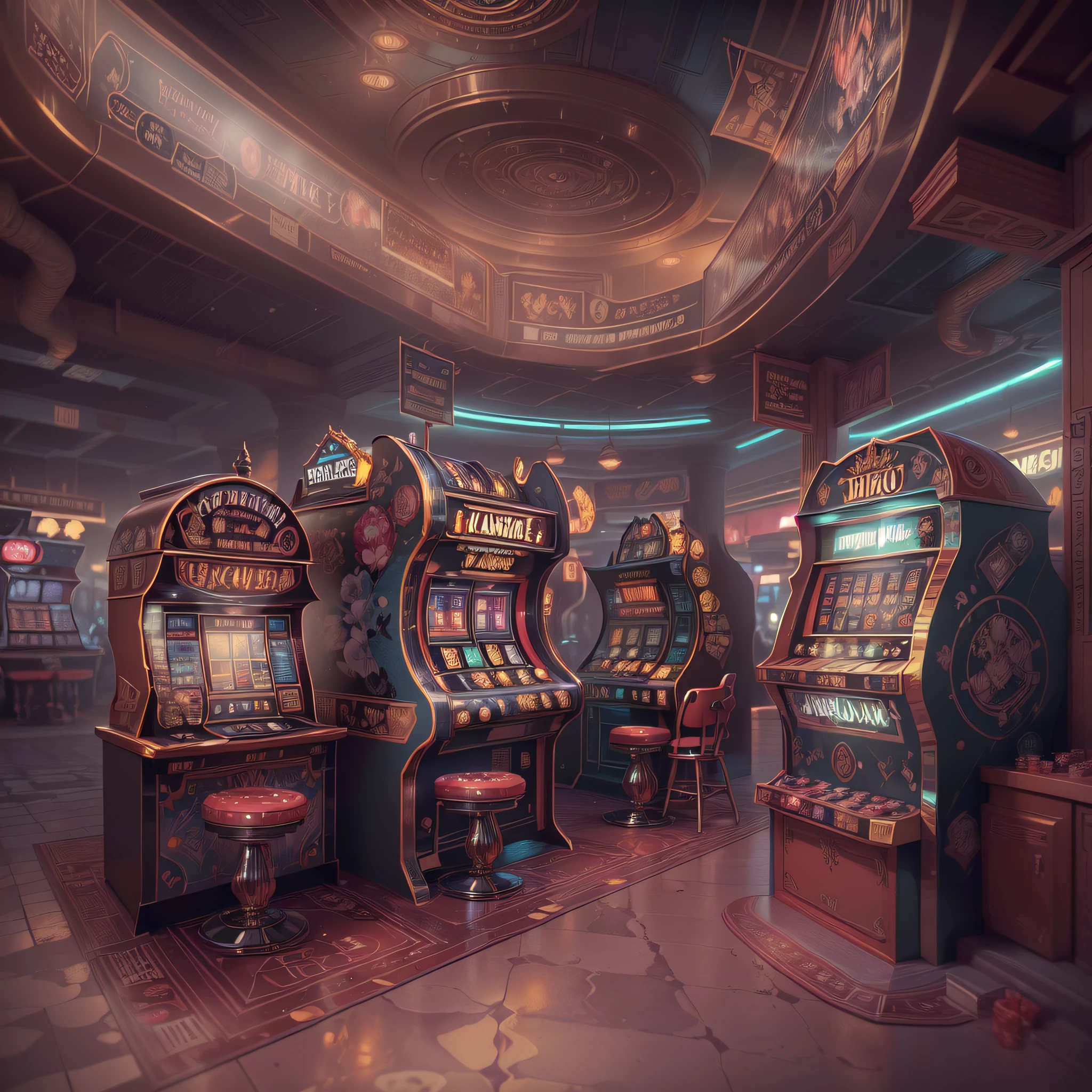 EbonyGoldAI:Underground Arcade, casino,gambling((Illustration style,Photorealistic,Photorealsitic:1.37)),((Best Quality,4K,8K,hight resolution,masutepiece:1.2))