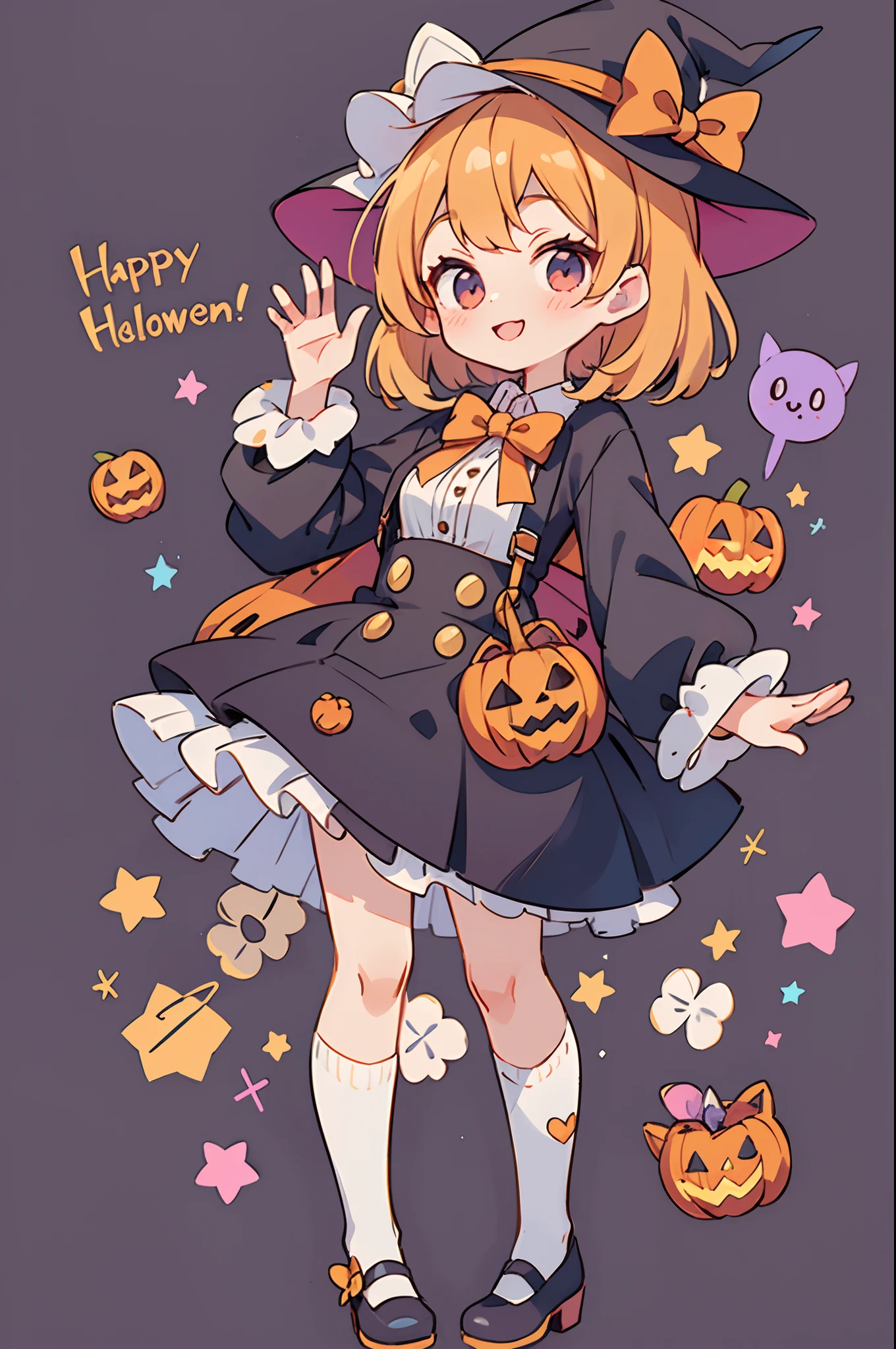 Cute Halloween Theme、full body Esbian、Eye Up、A smile、 Waving hands in a cute pose、Glamorous Hat、Halloween Accessories、Draw clothes buttons and pockets in a Halloween style、Cute shoes、high knee socks、breasts are large、The background is littered with sweets and sweets、Taken from behind