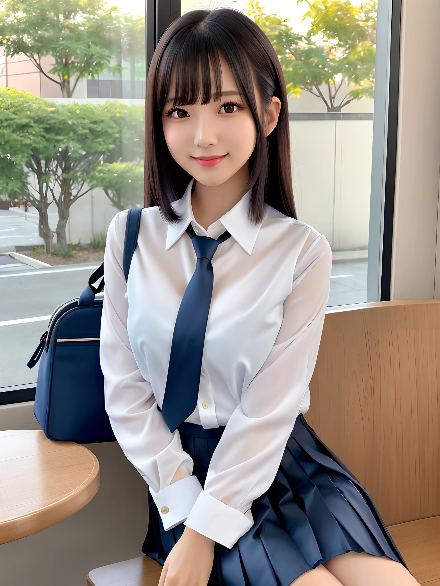product quality, 1girl, upper body shot, front view, a Japanese young pretty woman, long bob hair, sitting with a big smile on a chair in front of a table beside a window in a crowded hamburger shop in the sunset, a school bag over her shoulder, hamburger and juice on the table, glamorous figure, wearing a long sleeve white collared silky satin shirt with shiny satin dark blue plain long tie, wearing a dark blue pleated long skirt, hyper cute face, glossy lips, double eyelids in both eyes, natural makeup, long eyelashes, shiny smooth light brown long bob hair, asymmetrical bangs, a tanned skin, central image, high resolution, high detail, detailed hairstyle, detailed face, spectacular cinematic lighting, octane rendering, vibrant, hyper realistic, perfect limbs, perfect anatomy