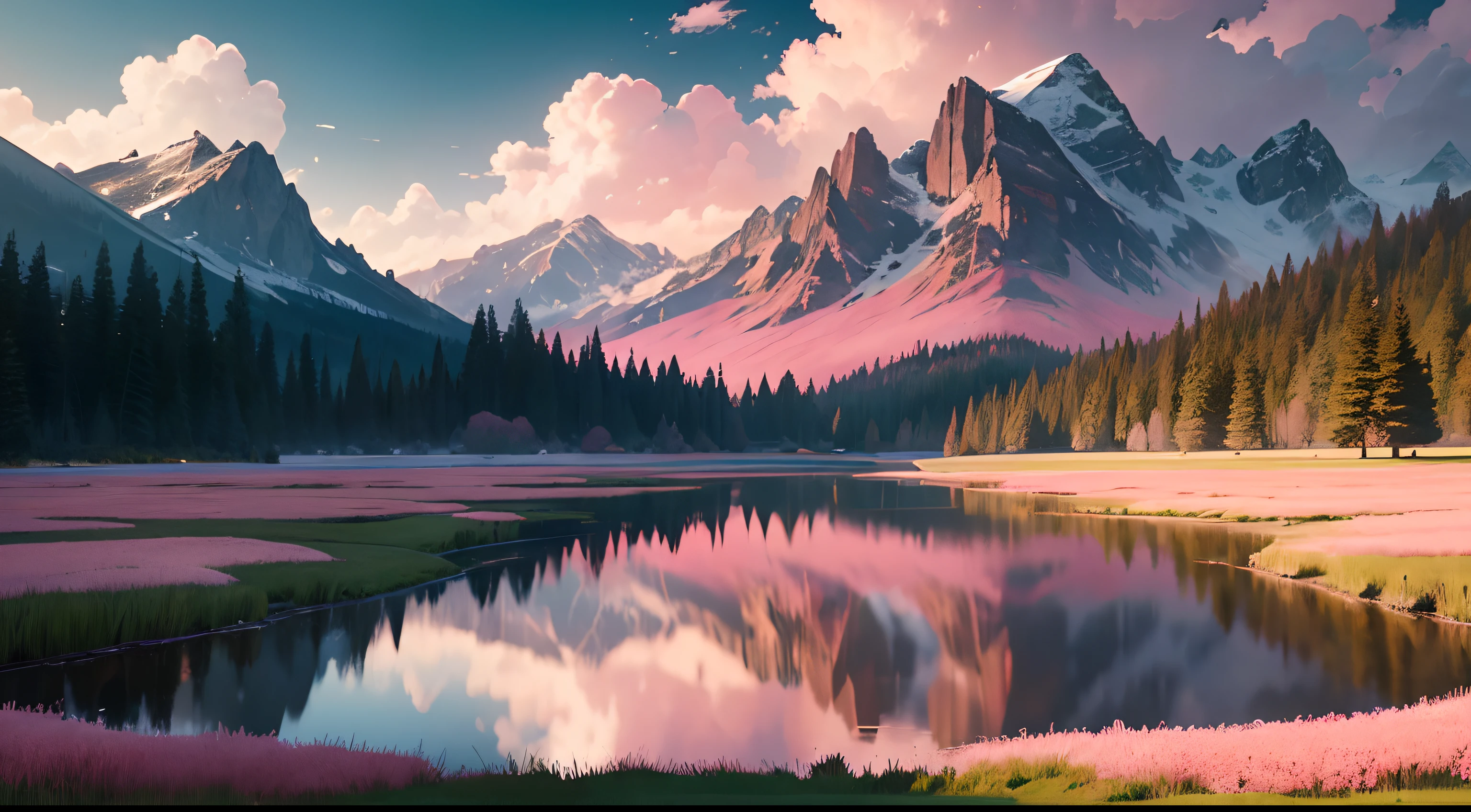 a hyper realistic, high quality, masterpiece of a beautiful small ripely pond in the middle of a beautiful grassy meadow with lots of pink flowers surrounded by a deep dark oak forest and rocky snowy mountains in the background with highly detailed reflection and large fluffy clouds in the stormy pink sky