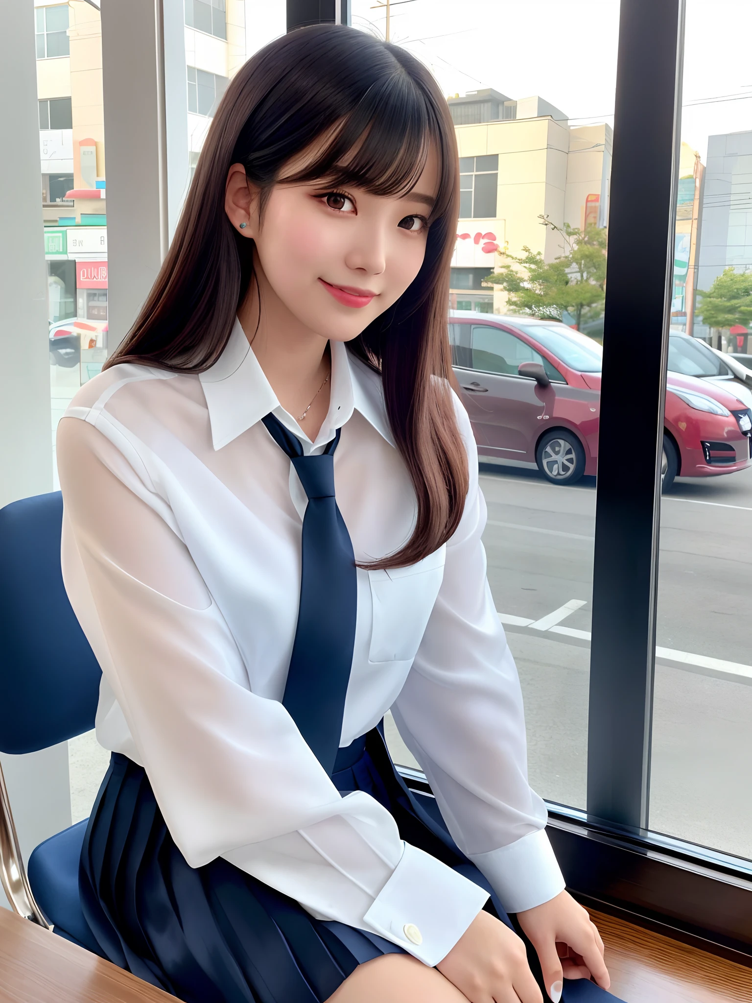 product quality, 1girl, upper body shot, front view, a Japanese young pretty woman, long bob hair, sitting with a big smile on a chair in front of a table beside a window in a crowded hamburger shop in the sunset, a school bag over her shoulder, hamburger and juice on the table, glamorous figure, wearing a long sleeve white collared silky satin shirt with shiny satin dark blue plain long tie, wearing a dark blue pleated long skirt, hyper cute face, glossy lips, double eyelids in both eyes, natural makeup, long eyelashes, shiny smooth light brown long bob hair, asymmetrical bangs, a tanned skin, central image, high resolution, high detail, detailed hairstyle, detailed face, spectacular cinematic lighting, octane rendering, vibrant, hyper realistic, perfect limbs, perfect anatomy