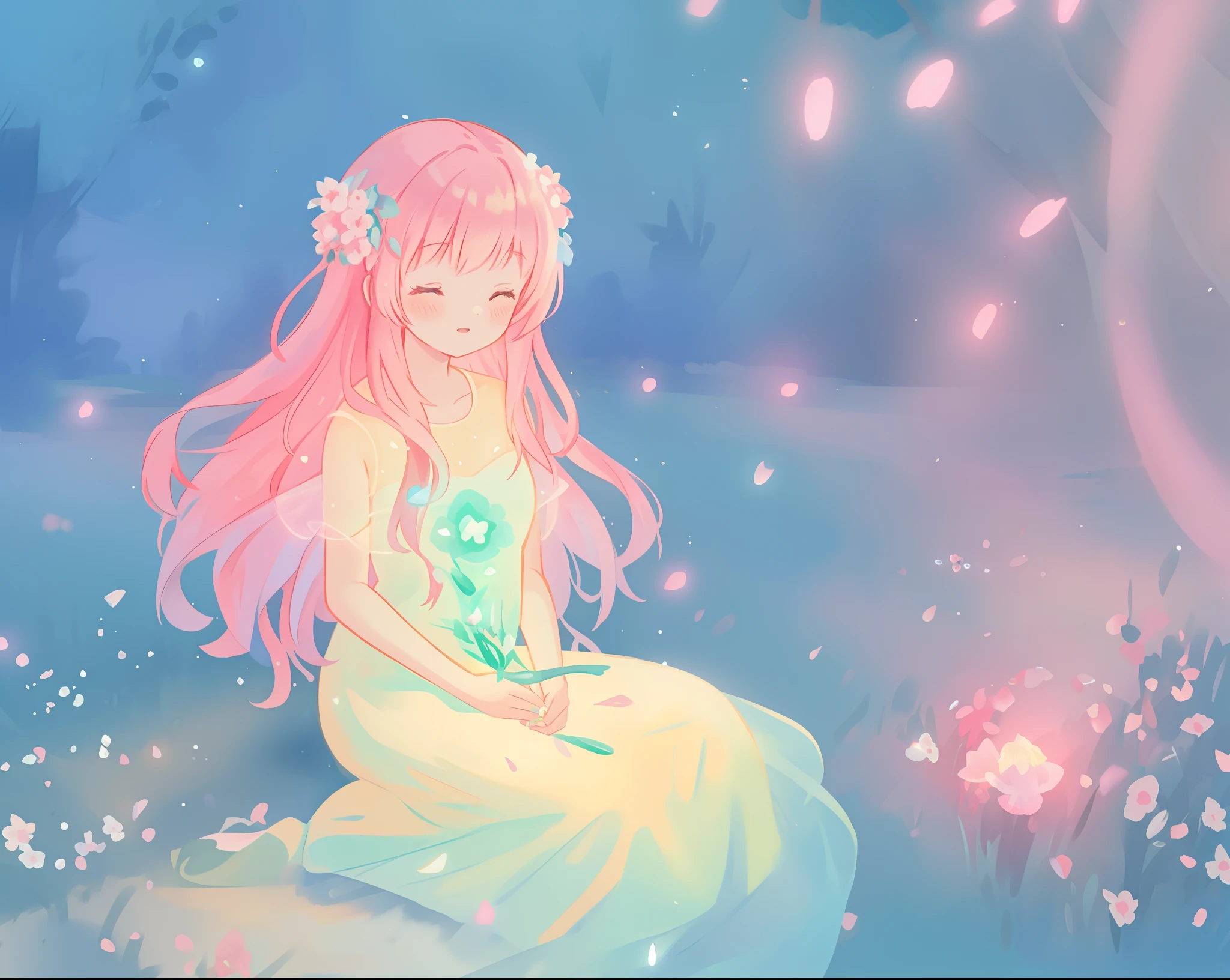 beautiful girl in white dress, fairy dress, beautiful girl sitting in a field with pink red flowers, glowing lights, whimsical landscape, long pink flowing hair, watercolor illustration, inspired by Glen Keane, inspired by Lois van Baarle, disney art style, by Lois van Baarle, glowing aura around her, by Glen Keane, jen bartel, glowing lights! digital painting, flowing glowing hair, glowing flowing hair, beautiful digital illustration, fantasia otherworldly landscape plants flowers, beautiful, masterpiece, best quality, anime disney style