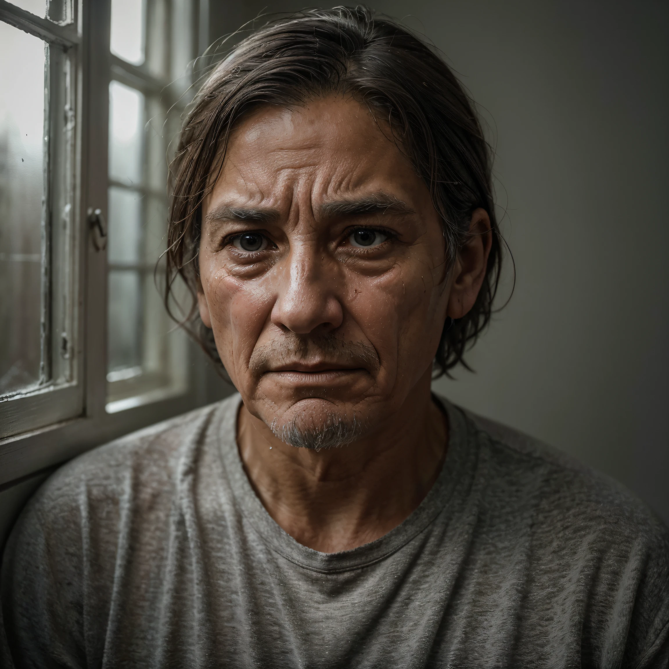 best quality,ultra-detailed,realistic,portrait,lonely gray-haired man,crying in despair,deeply lost in thought,depressed and troubled soul,solitude,heavy burden,emotional turmoil,sadness and pain,shadows cast on his face,sunlight gently streaming through the window,reflective mood,dark and gloomy atmosphere,heart-wrenching expression,aging gracefully,distinct features,wrinkles and lines showing a life lived,weathered and worn,reflecting on past memories,yearning for hope and happiness,empathetic and compassionate,tender moments of vulnerability,personal struggle and inner demons,subtle nuances in facial expression and body language,subdued color palette,soft and muted tones,evoking emotions and empathy,dramatic lighting emphasizing the man's sorrow and introspection,aesthetic artistry,expressing the complexity of human emotions.