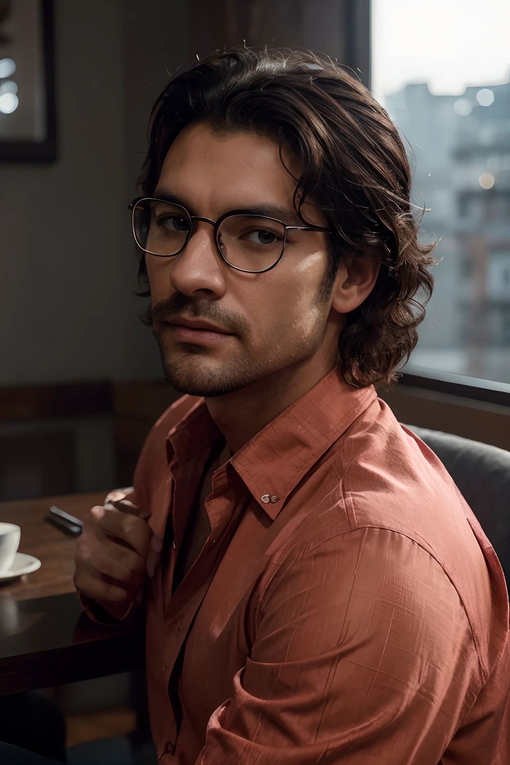(40yo man), sitting directly across from camera, ((high contrast)), (deep, darkest shadows), (35mm film), high contrast,((taken using Leica camera, aperature: f/2.8)) ,(kkw-ph1:0.9), hyper-realistic skin, (he has touch of grey in his dark curly hair), (he's across from camera, behind a table, on table oyster dish, is delicious cherry cheese-cake, and wine), (he's wearing thick dark-rimmed eyeglasses:1.1, contemporary red dress shirt:1.2),( in deep conversation)), background: elegant cafe, coffee shop, most sexy man, (his hair is dark with grey touches, messy), he's in dark with natural light glow, radiant skin , (sun accents his masculine features),(intense eye contact), tough, confident, a sensual man, (hands, arms relaxed ), well-dressed, style, (hyper-detailed zara red dress shirt texture, sleeves rolled-up show forearms:1.6, (naturally backlit)), (highest quality fabric texture: 1.2), accent highlights, shadows, film quality, cinematic, powerful image, strong man, minimal, atmospheric air, (ultra-realistic ,soft accent light, natural lighting, (stunning facial lighting)), (highest quality fabric texture),, High-realism hair and skin, (ultra-realistic skin, touch of grey facial hair ), stylish elegance, Finely detailed,(Fine-grained), (highest detail skin texture peach-fuzz, freckles, skin realistic,) ○○ res – ultra high high resolution , very high texture (highlights resolution), Photorealistic hands and fingers, perfect fingers – (photorealistic 4k) , 8K,extreme detail, close and intimate, close-up, perfectly framed face, handsome man, a work of art, beautiful composition, solo man, (highest quality fabric texture), dark hair, every detail,Fine facial features, confident man – (Highest Quality) ,Leica camera film, High quality ○○ detailed – ○○ details ultra detailed(Ultra-fine ), Photorealistic, Extremely detailed(Extremely detailed) , (highest detail image, lens flare, realistic)○○ res – ○○ resolution ultra high res(A high resolution), intimate and relaxed