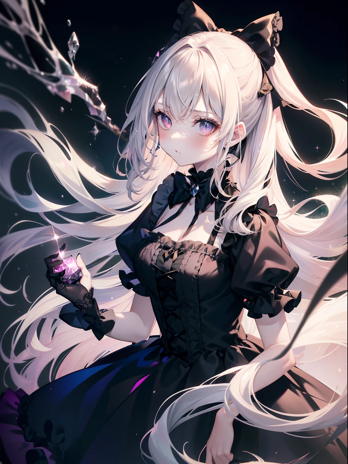 (masutepiece, Best Quality, Ultra High Resolution),1girl in,Pink dress, Ruffled dress, gothic dress,Twin-tailed,Bags under the eyes, sour look,pale skin,beautiful and detailed face, Detailed eyes,(grey theme),frilld,Holding a black cat,bow ribbon,Transparency,fluorescent,Sparkling eyes,