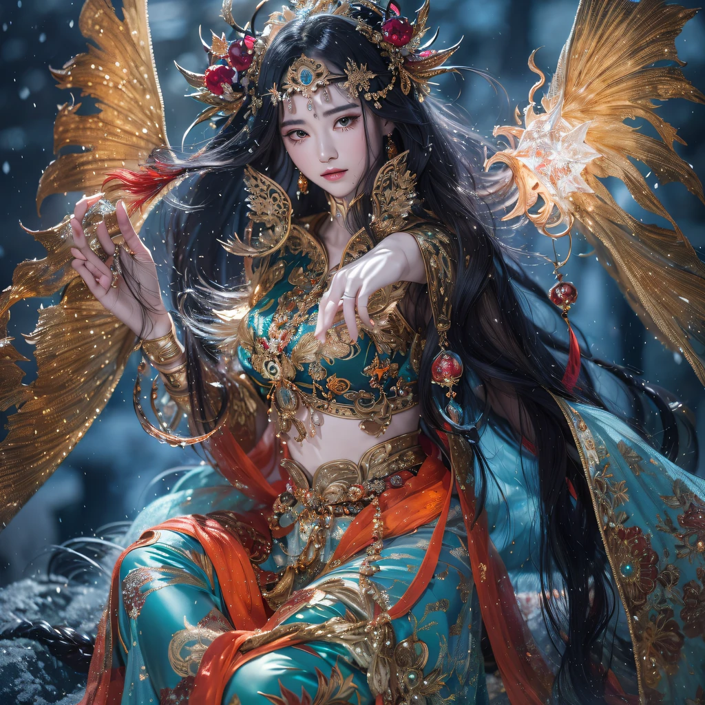 Fly the Nine-Tailed Light Blue Sky Division Flame Hairy Bear Star,Erotic,Torch Night Black Gold Orange Brocade Silk Snake Print Silk Pants,Rouge diamond tulle sheer lizard-patterned leggings,Fat Girl Space Flying in the Snow 1:900 miniatures,Front view,Pure transparency,Wear boxing gloves,Wear thick-rimmed reflective sunglasses with gold threads,Panorama ultra-wide angle,extremely happy,The texture of the real person is delicate,Strong visual impact,Hyper-detailing,Dream girl,Refined face,prettyeyes,Hair strands float in the air, Cherry model,Ouyang Xiaotong,crystal-clear,Good sense of perspective,Light and shadow effects,16K smooth,Surface reflected light,Flowing black hair,Water Goddess 32K,复杂,ellegance,highly detailed,A majestic,Digital photography,Autumn cowboy shot,surrealism painting,Broken rubies,Beating magic,Entwined water magic,(tmasterpiece,Cinematic light,Fine beautiful eyes:1.2),hdr,Void 5 Energy Storm,(China 1 girl,Black eyes:1.5),Rouge skin,Glowing skin,(sitting on the stone:1.5),delicated face,Black color hair,Put on palatial gold armor,cropped shoulders,,short skirt,Beautiful golden armor,Rained,big breasts beautiful,looking at viewert,Face away from the camera,tmasterpiece,Lateral face,Side portrait close-up